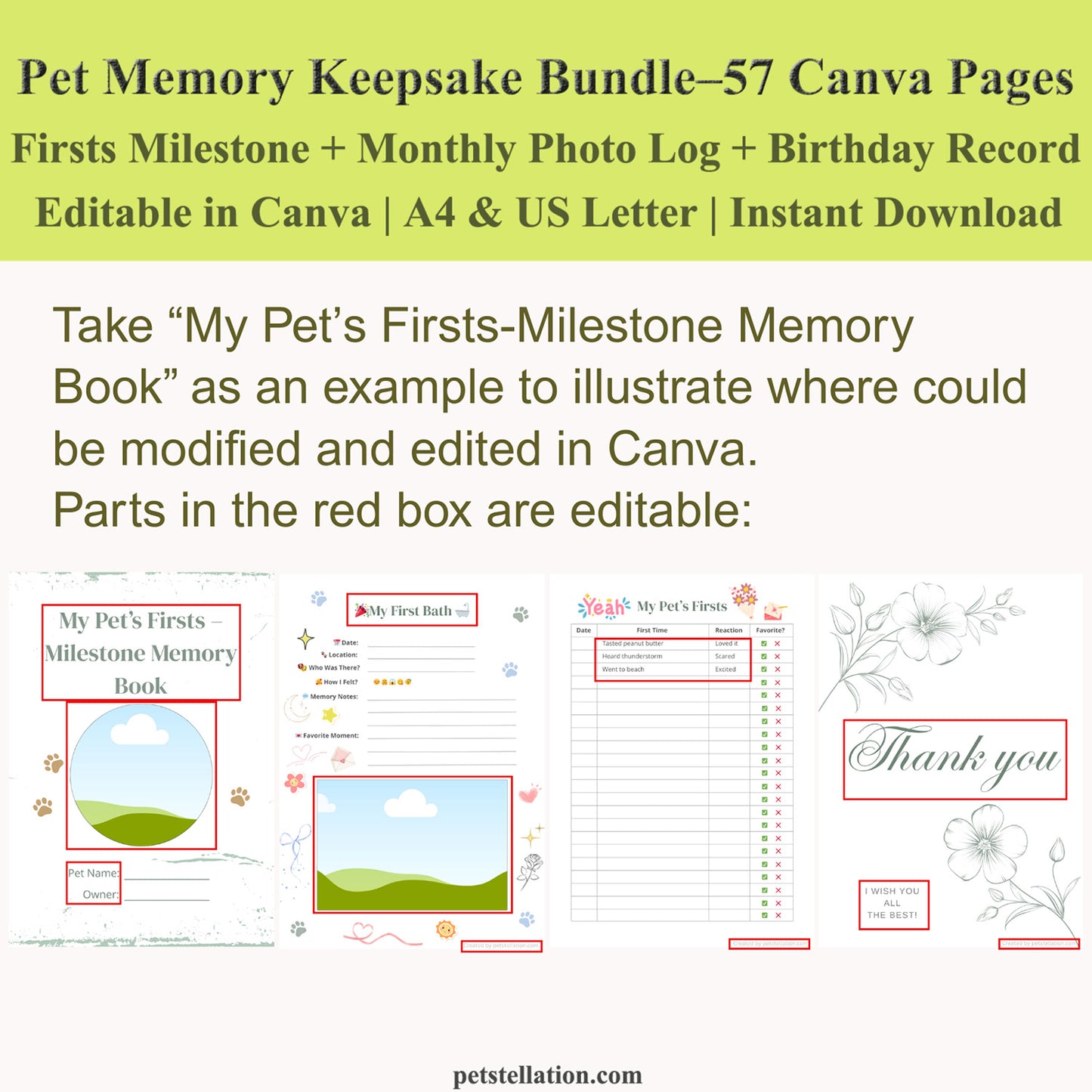 00D6 Pet Memory Keepsake Bundle – Editable Canva Templates for Milestones, Monthly Photo Log & Birthday Records
