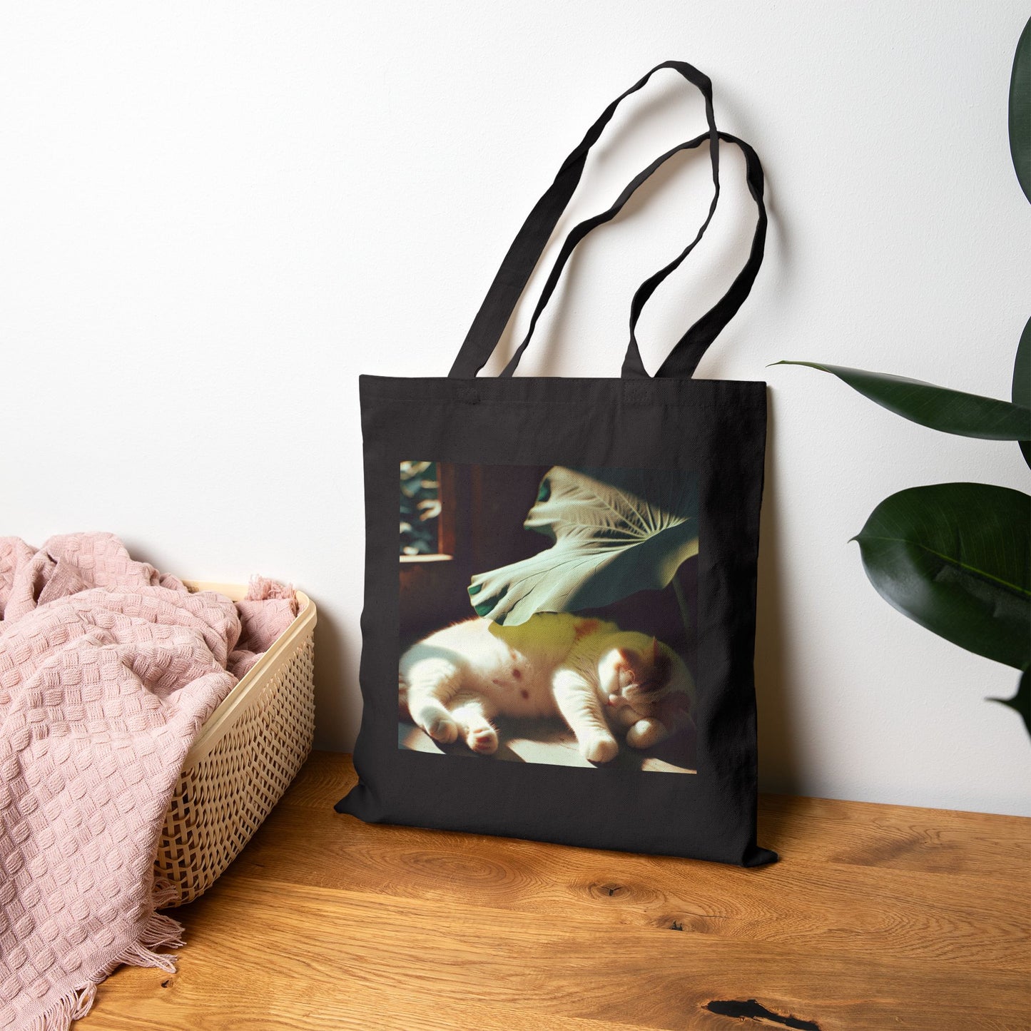 72B3 Lazy Cat Summer Tote Bag – Lotus Leaf Illustration on Heavy Cotton Canvas