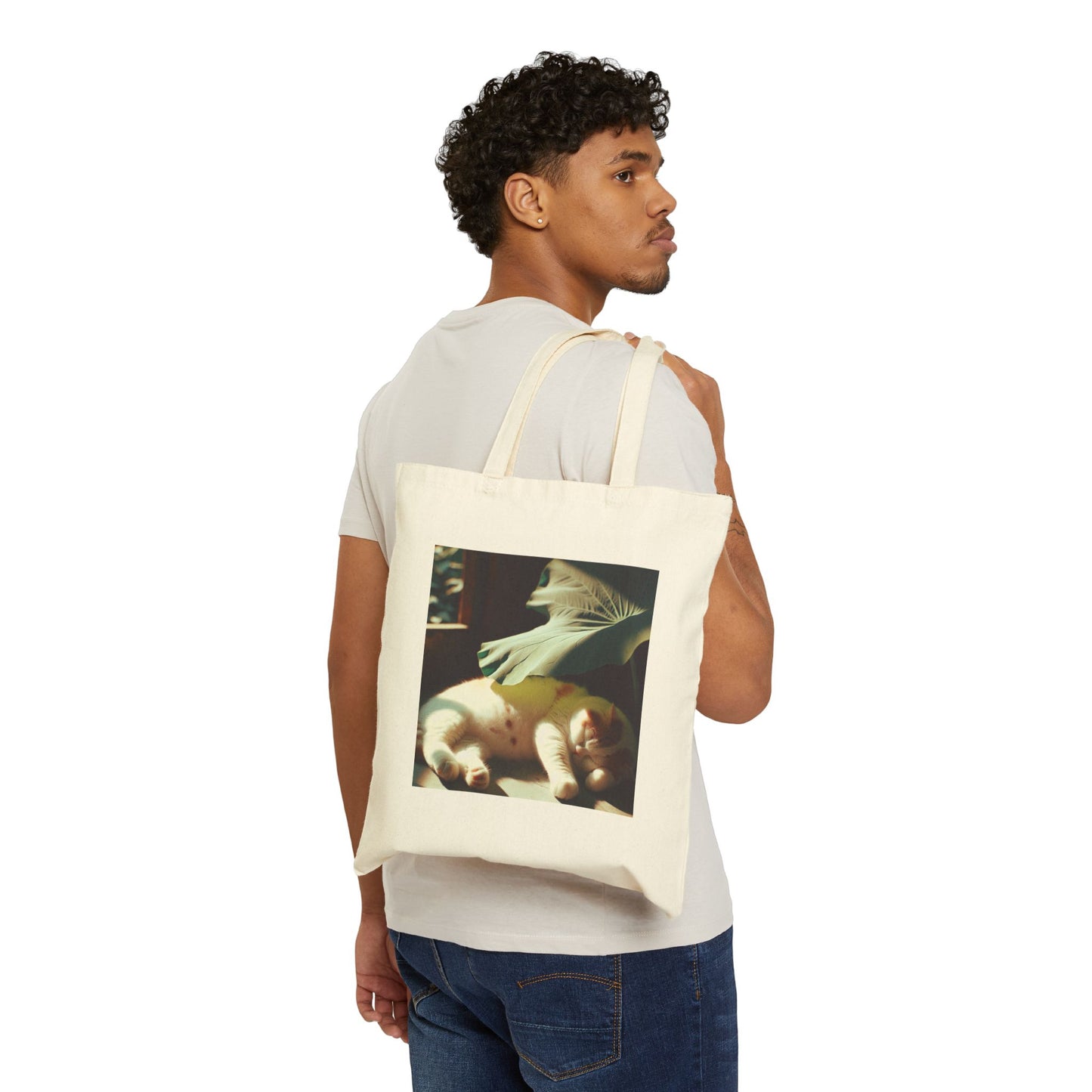 72B3 Lazy Cat Summer Tote Bag – Lotus Leaf Illustration on Heavy Cotton Canvas