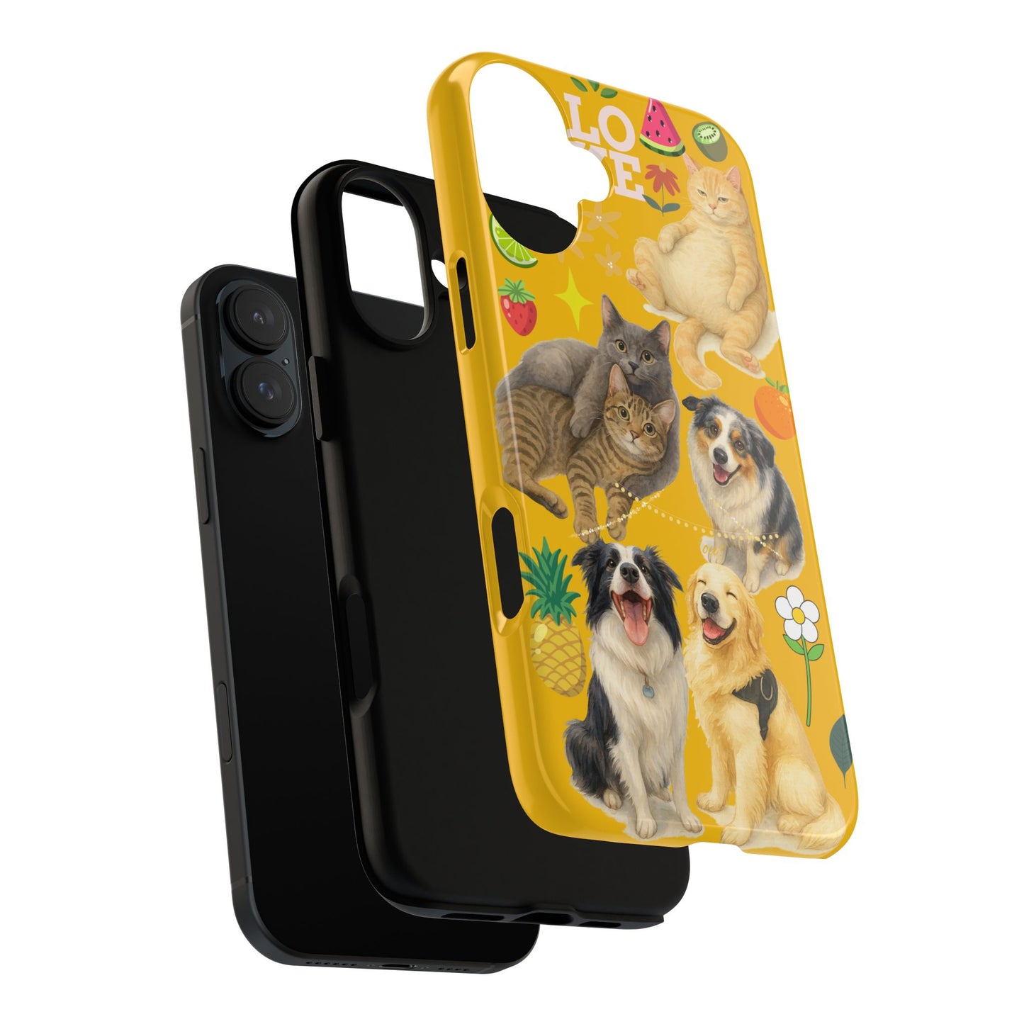 60A-5 Dog and Cat Printed Dual-Layer Phone Case In Yellow – Glossy or Matte Finish – iPhone & Android Compatible