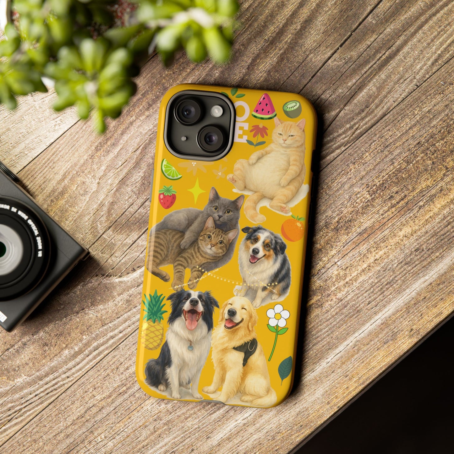 60A-5 Dog and Cat Printed Dual-Layer Phone Case In Yellow – Glossy or Matte Finish – iPhone & Android Compatible