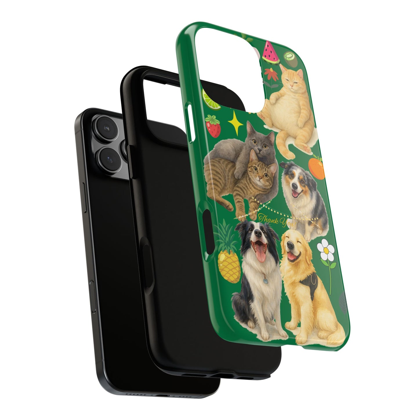 60A-10 Dog and Cat Printed Dual-Layer Phone Case In Dark Green – Glossy or Matte Finish – iPhone & Android Compatible