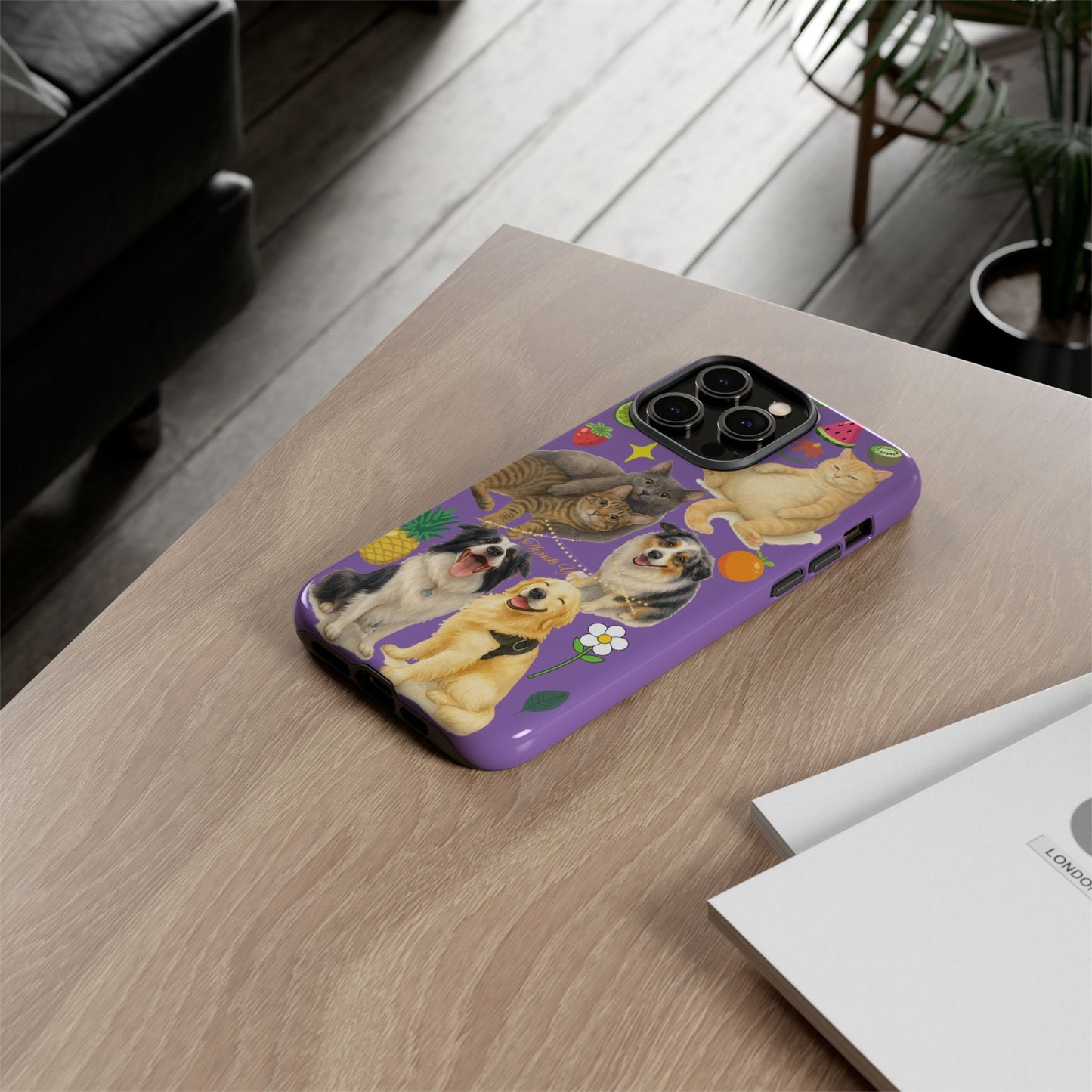 60A-4 Dog and Cat Printed Dual-Layer Phone Case In Purple – Glossy or Matte Finish – iPhone & Android Compatible