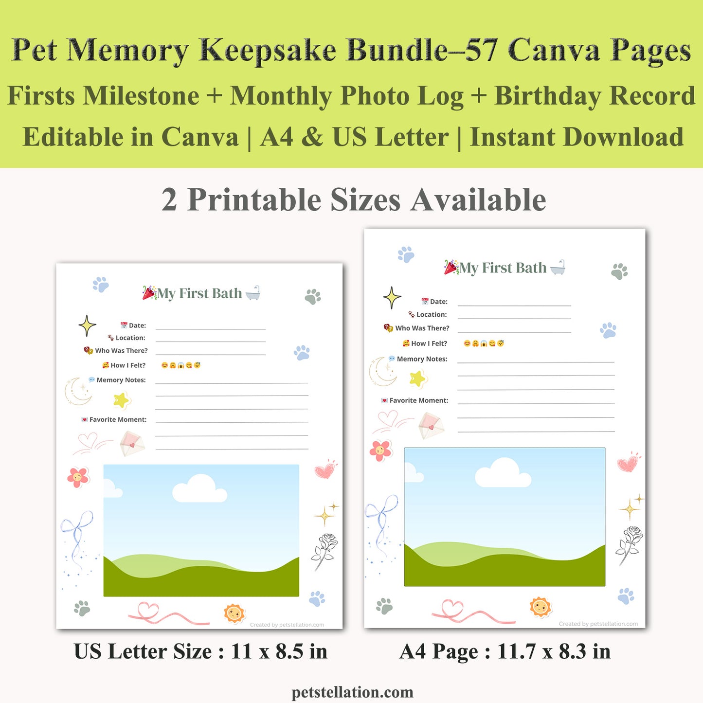 00D6 Pet Memory Keepsake Bundle – Editable Canva Templates for Milestones, Monthly Photo Log & Birthday Records