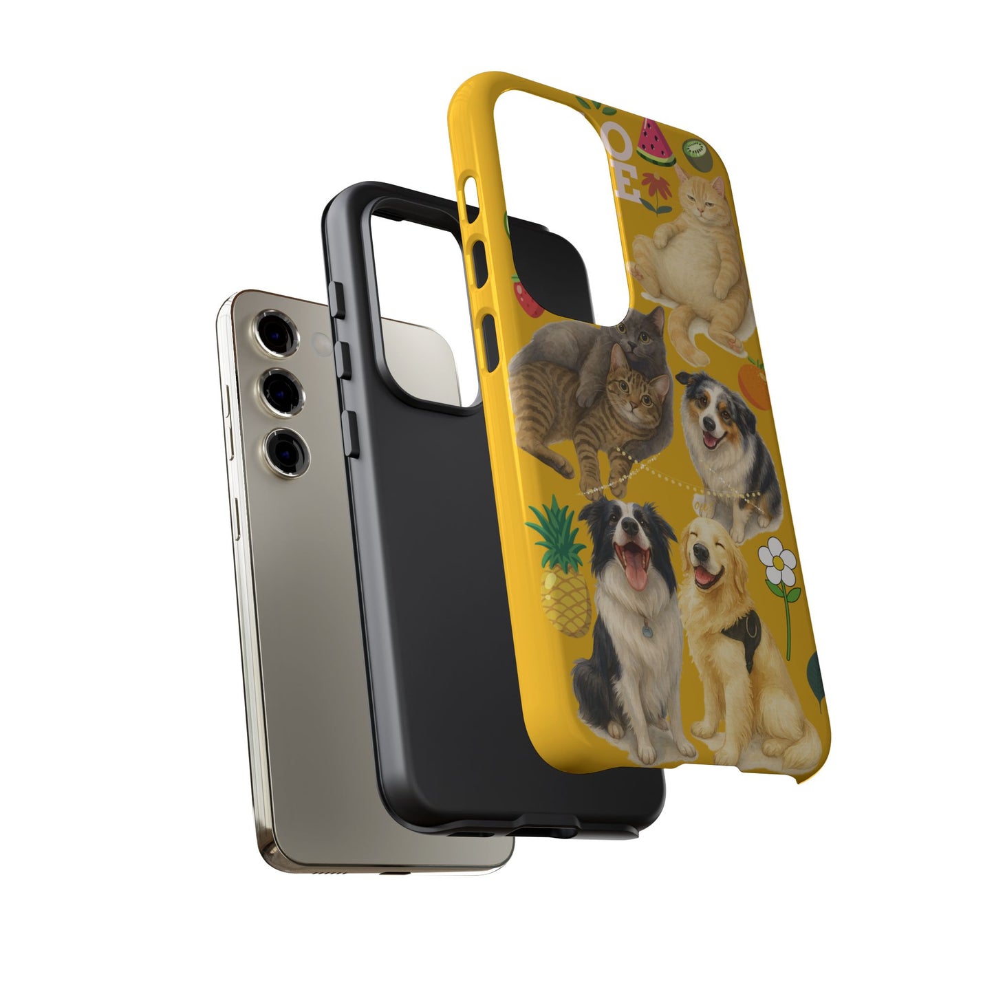 60A-5 Dog and Cat Printed Dual-Layer Phone Case In Yellow – Glossy or Matte Finish – iPhone & Android Compatible