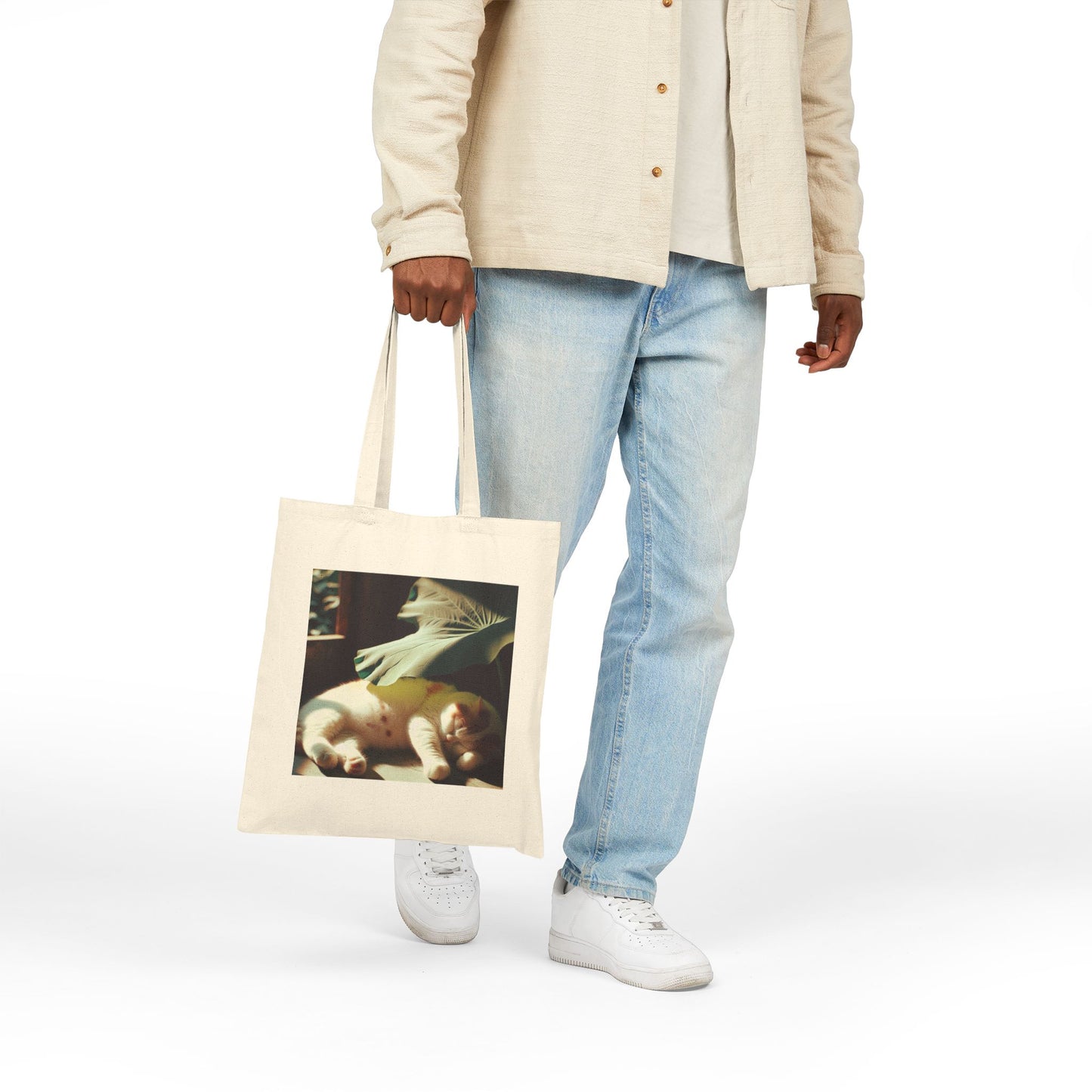 72B3 Lazy Cat Summer Tote Bag – Lotus Leaf Illustration on Heavy Cotton Canvas