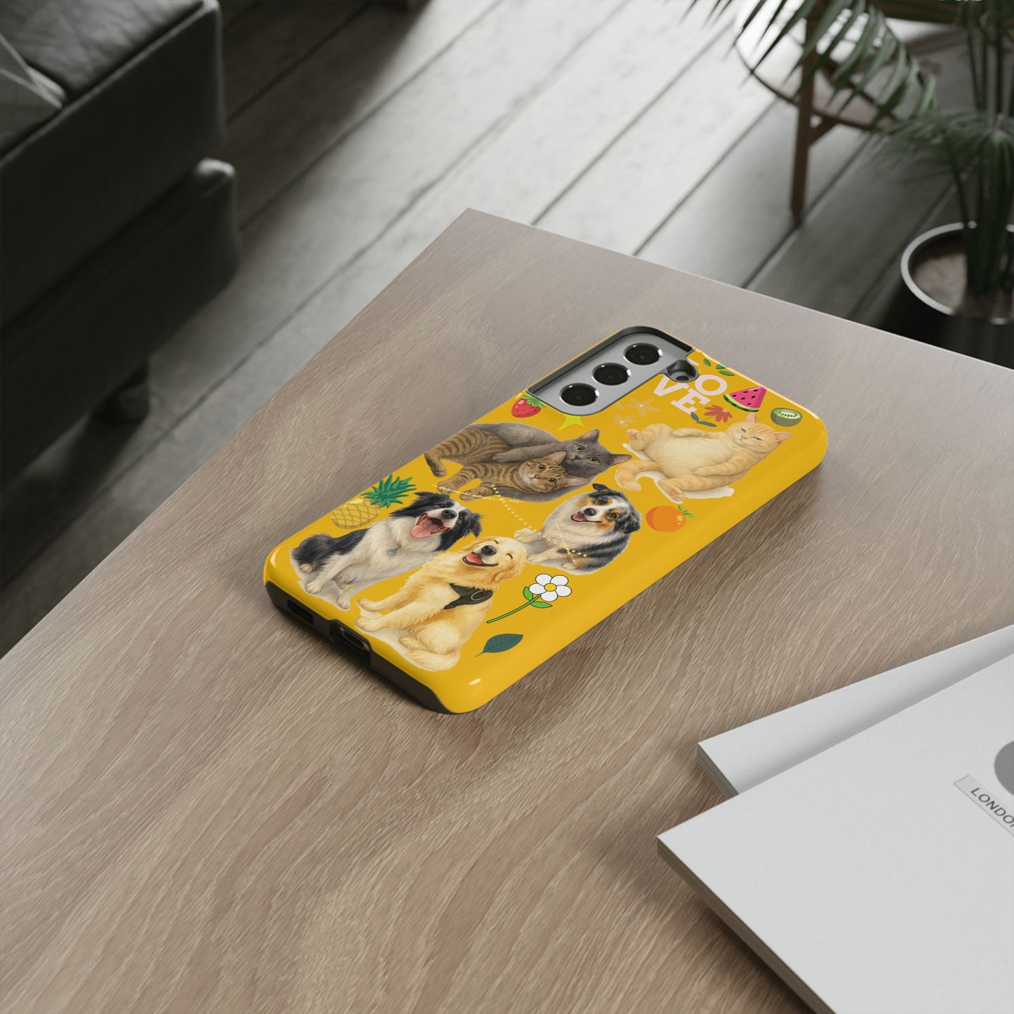 60A-5 Dog and Cat Printed Dual-Layer Phone Case In Yellow – Glossy or Matte Finish – iPhone & Android Compatible
