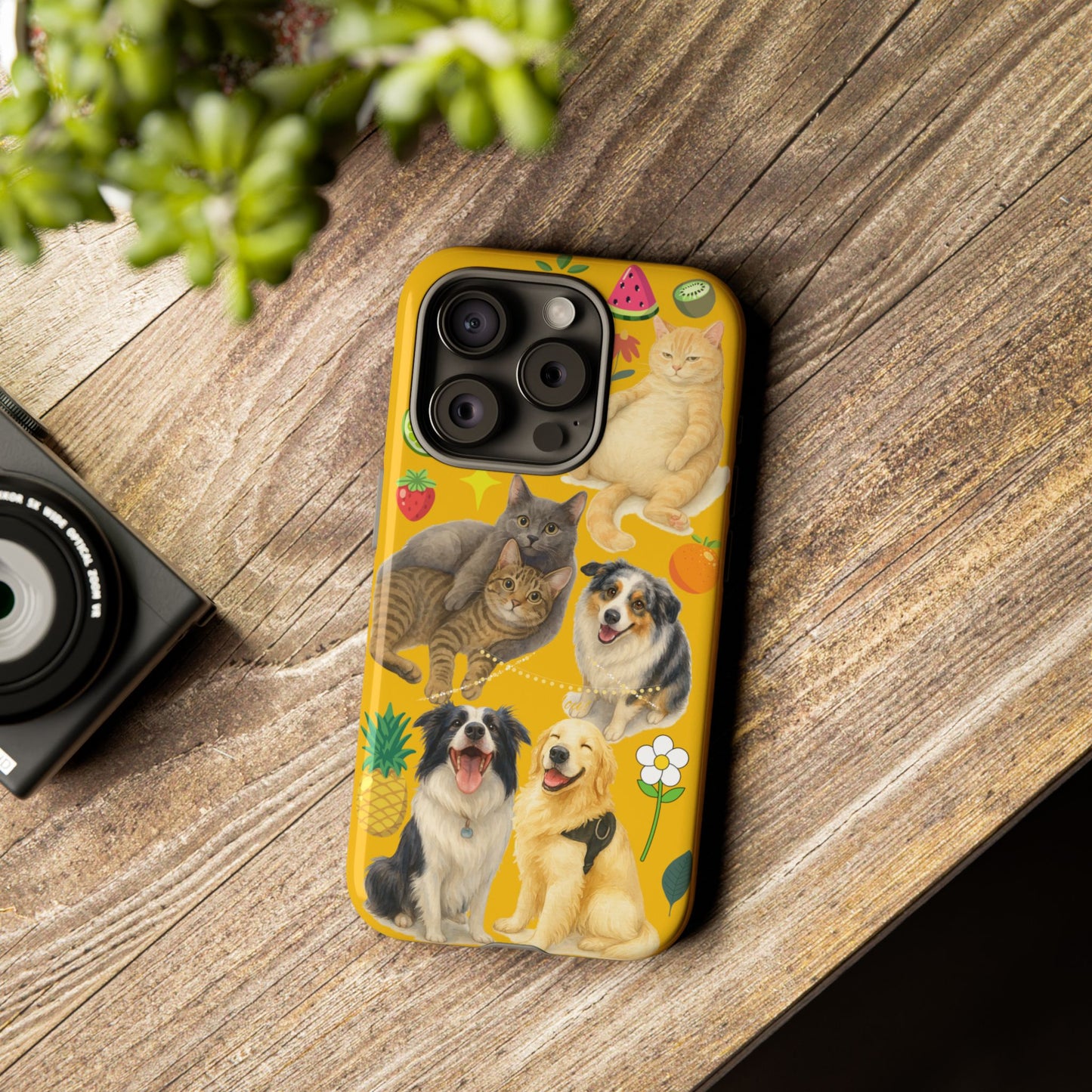 60A-5 Dog and Cat Printed Dual-Layer Phone Case In Yellow – Glossy or Matte Finish – iPhone & Android Compatible