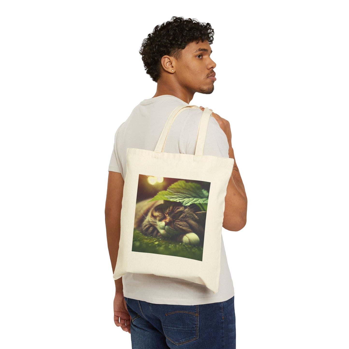 72B4 Cat Under Lotus Leaf Tote Bag – Moonlit Nature Scene on Cotton Canvas