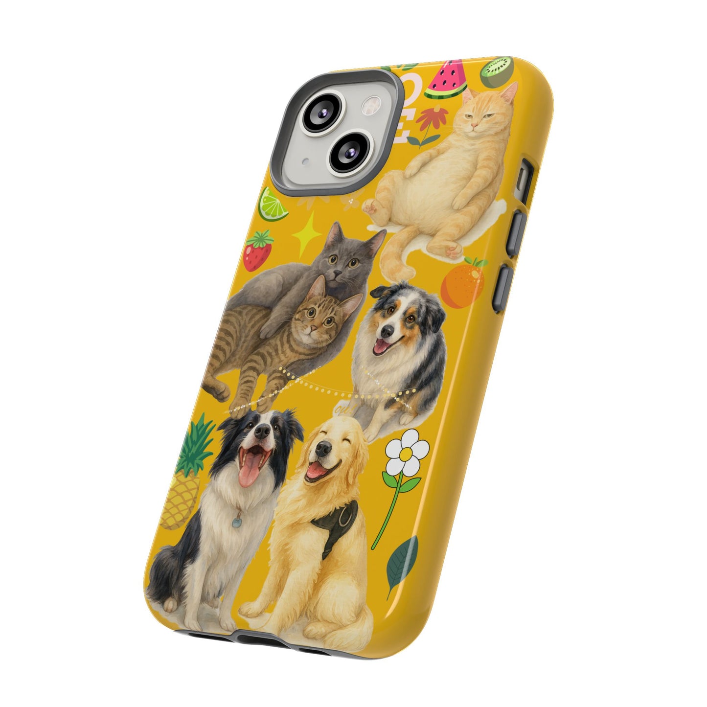 60A-5 Dog and Cat Printed Dual-Layer Phone Case In Yellow – Glossy or Matte Finish – iPhone & Android Compatible