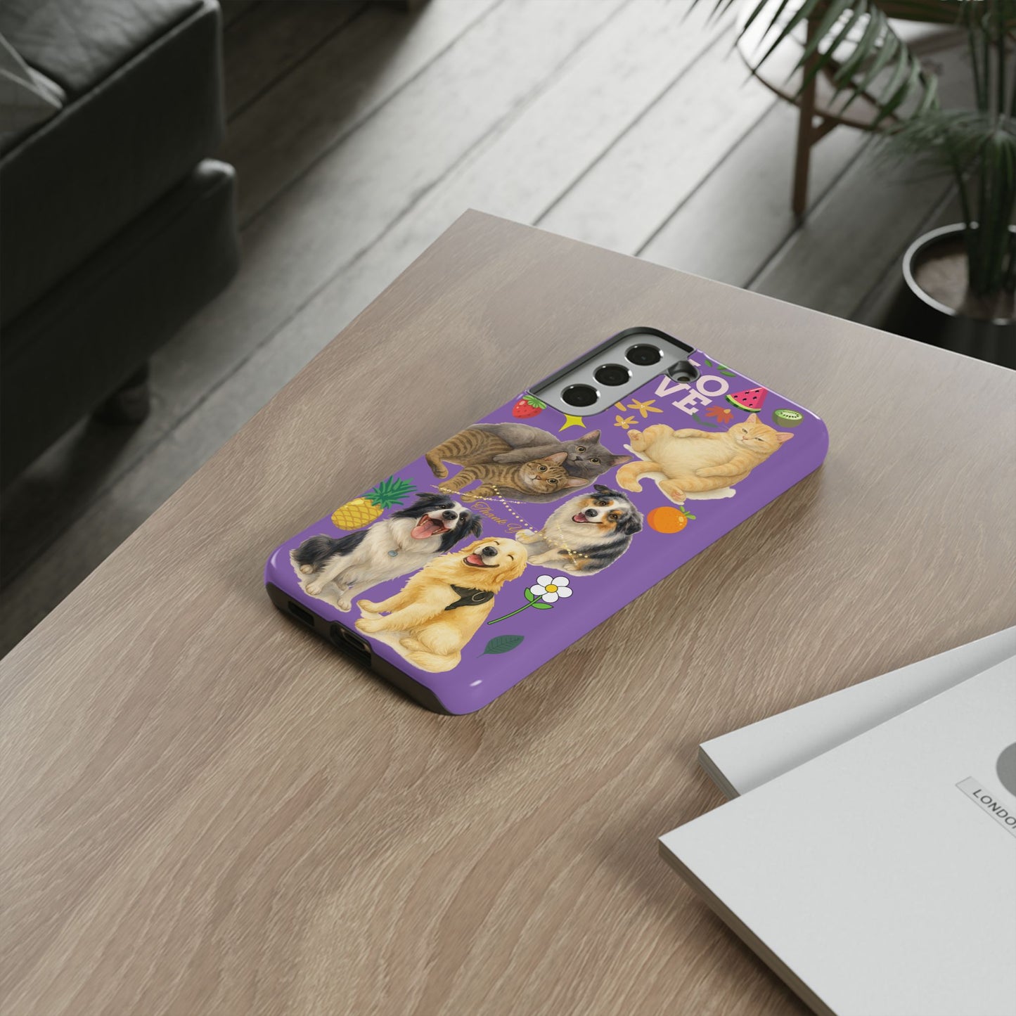 60A-4 Dog and Cat Printed Dual-Layer Phone Case In Purple – Glossy or Matte Finish – iPhone & Android Compatible