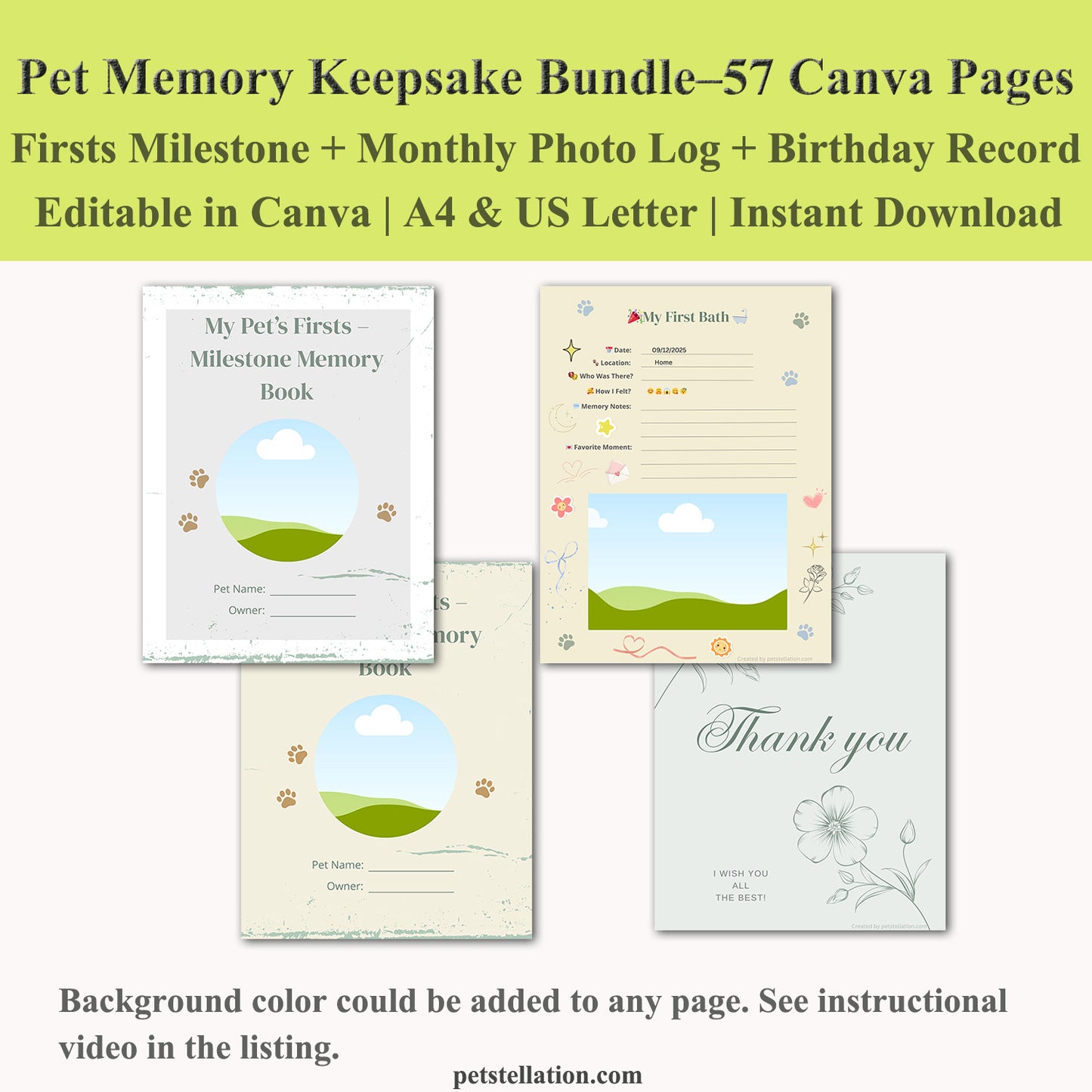 00D6 Pet Memory Keepsake Bundle – Editable Canva Templates for Milestones, Monthly Photo Log & Birthday Records