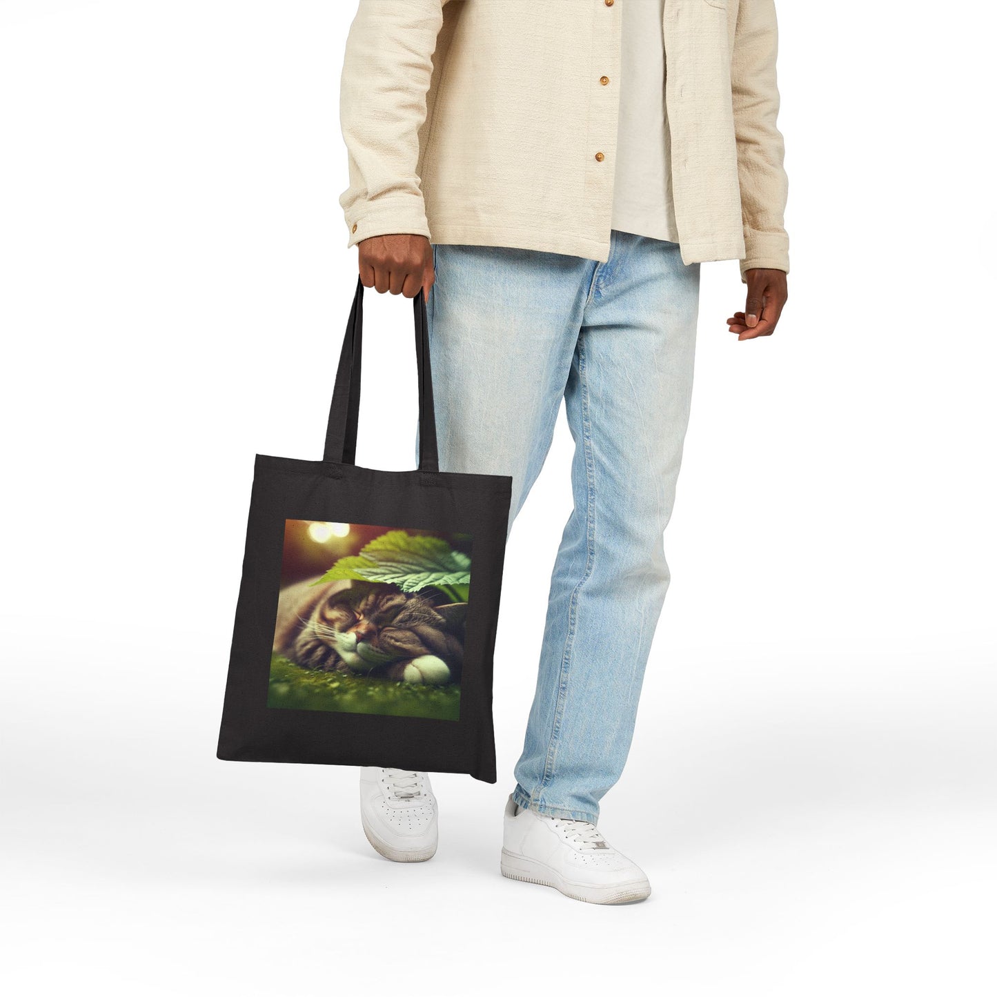 72B4 Cat Under Lotus Leaf Tote Bag – Moonlit Nature Scene on Cotton Canvas