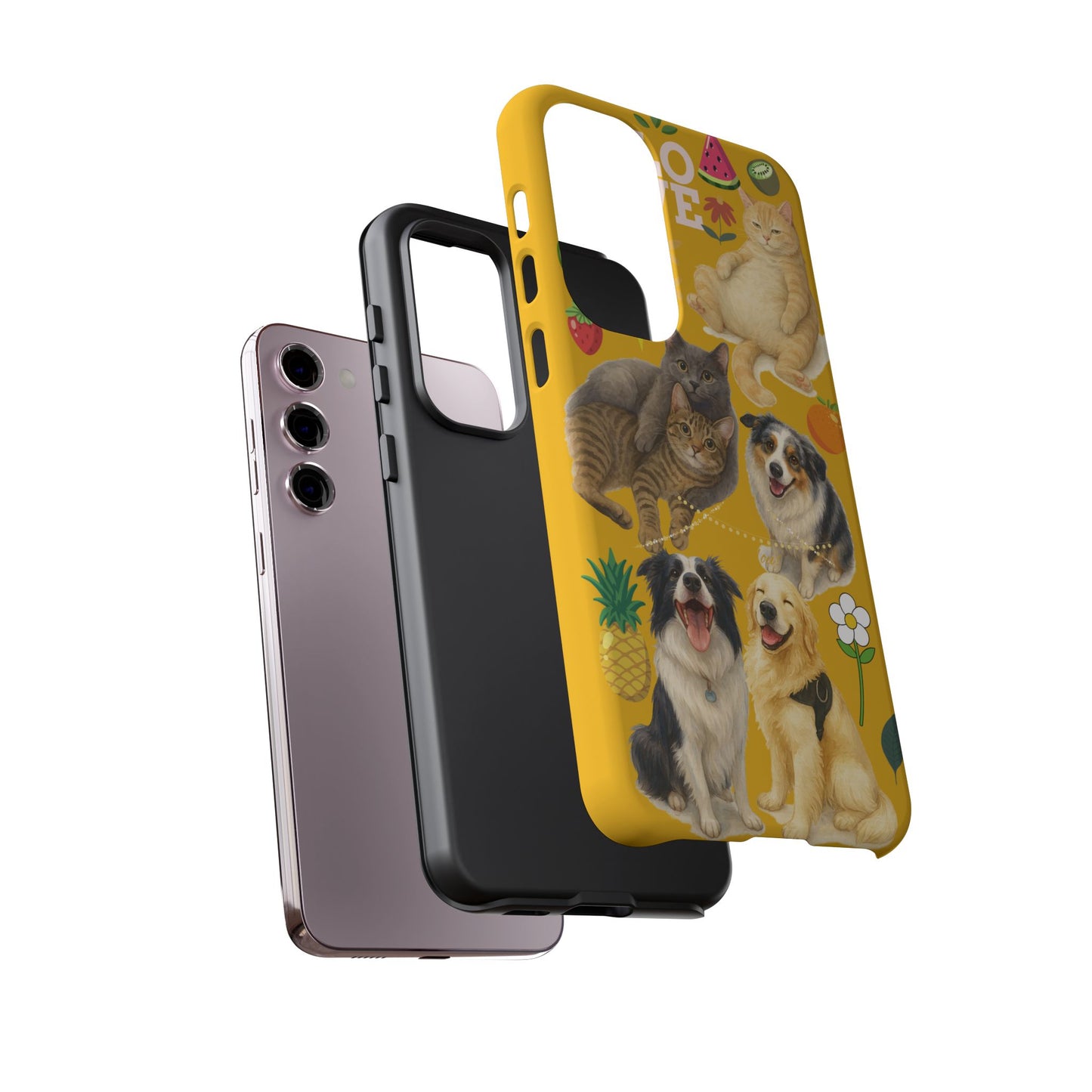 60A-5 Dog and Cat Printed Dual-Layer Phone Case In Yellow – Glossy or Matte Finish – iPhone & Android Compatible
