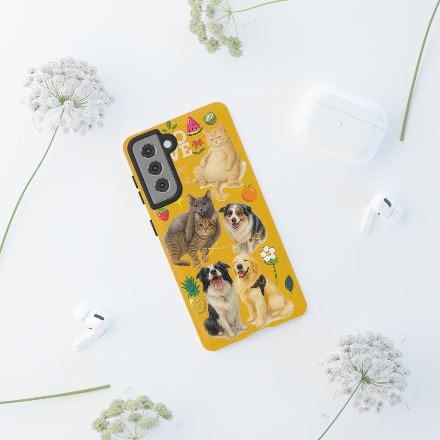 60A-5 Dog and Cat Printed Dual-Layer Phone Case In Yellow – Glossy or Matte Finish – iPhone & Android Compatible