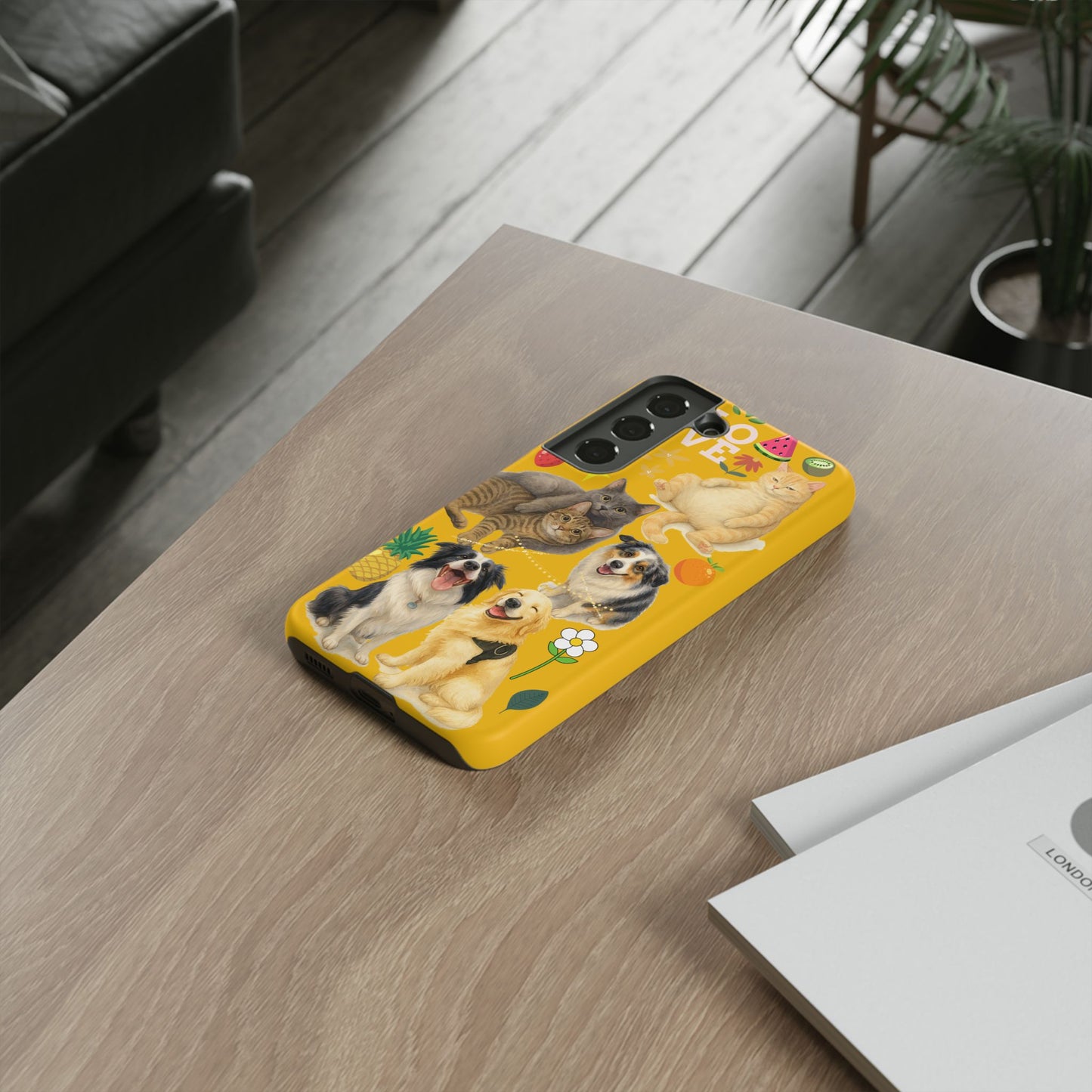 60A-5 Dog and Cat Printed Dual-Layer Phone Case In Yellow – Glossy or Matte Finish – iPhone & Android Compatible