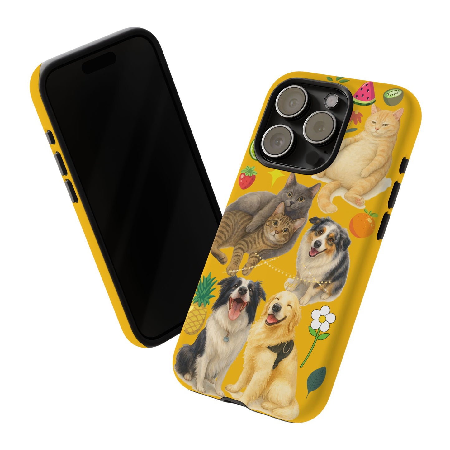 60A-5 Dog and Cat Printed Dual-Layer Phone Case In Yellow – Glossy or Matte Finish – iPhone & Android Compatible