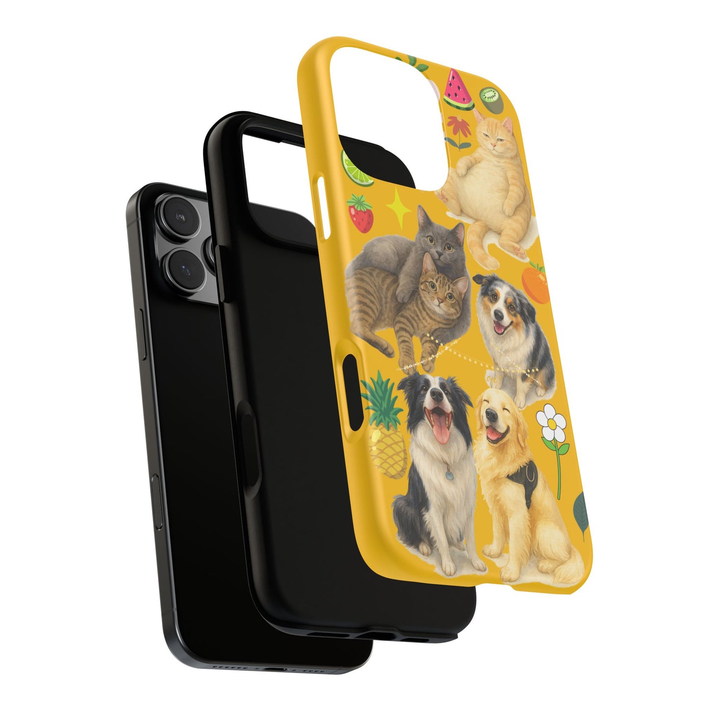 60A-5 Dog and Cat Printed Dual-Layer Phone Case In Yellow – Glossy or Matte Finish – iPhone & Android Compatible