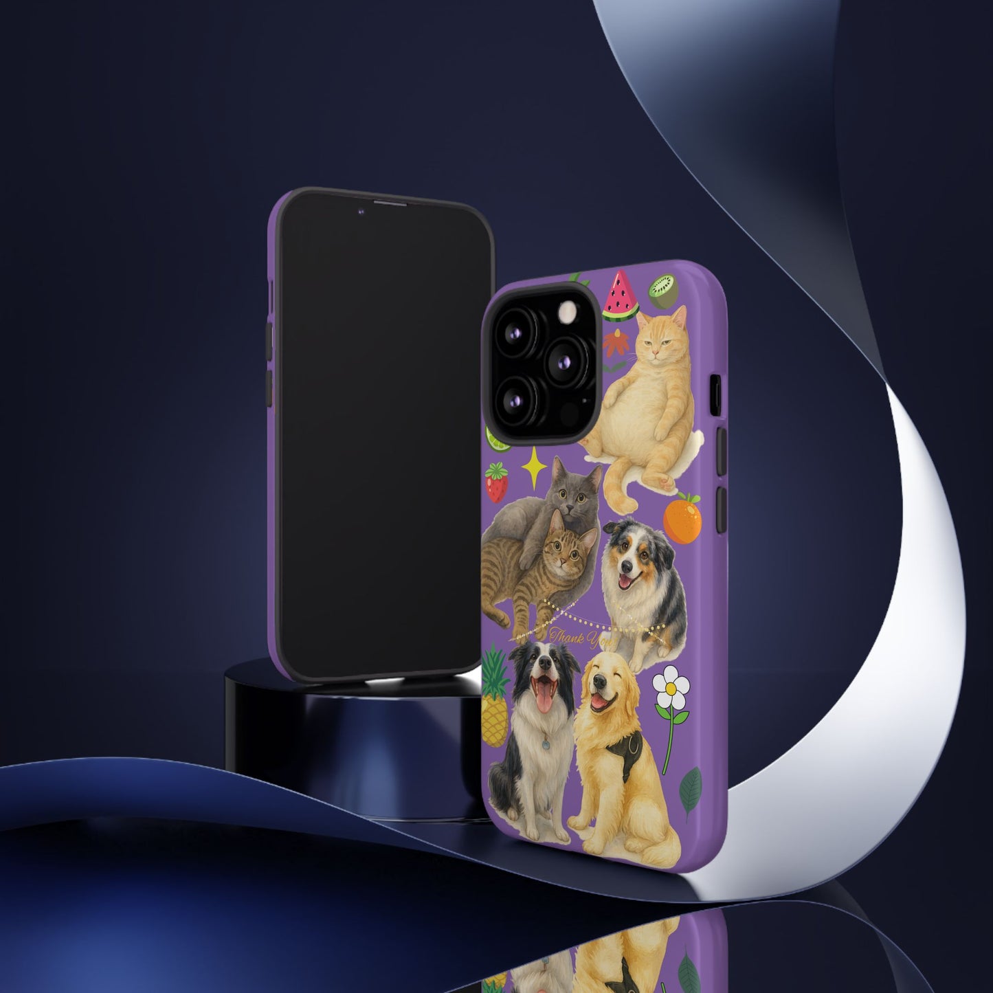 60A-4 Dog and Cat Printed Dual-Layer Phone Case In Purple – Glossy or Matte Finish – iPhone & Android Compatible