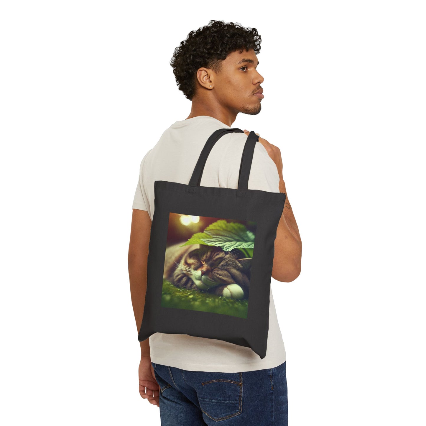 72B4 Cat Under Lotus Leaf Tote Bag – Moonlit Nature Scene on Cotton Canvas