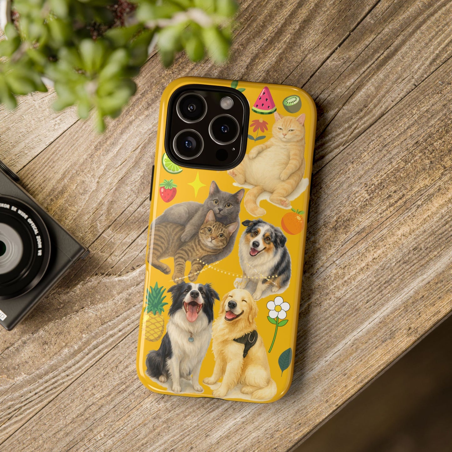 60A-5 Dog and Cat Printed Dual-Layer Phone Case In Yellow – Glossy or Matte Finish – iPhone & Android Compatible