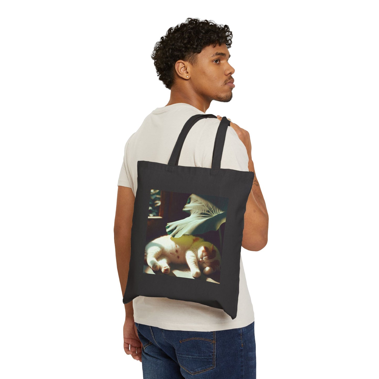 72B3 Lazy Cat Summer Tote Bag – Lotus Leaf Illustration on Heavy Cotton Canvas