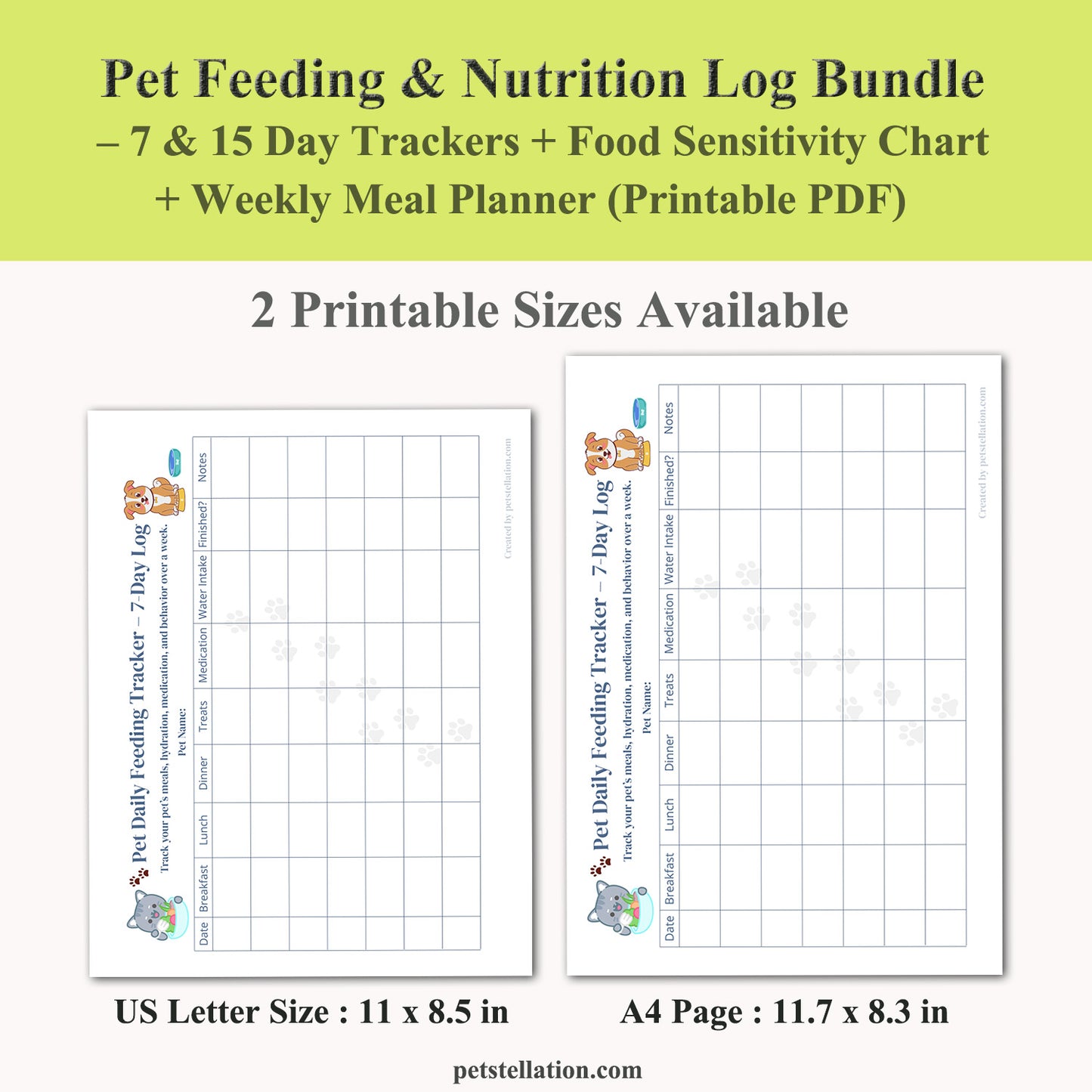 00D7 Pet Feeding & Nutrition Log Bundle – 7 & 15 Day Trackers + Food Sensitivity Chart + Weekly Meal Planner (Printable PDF)