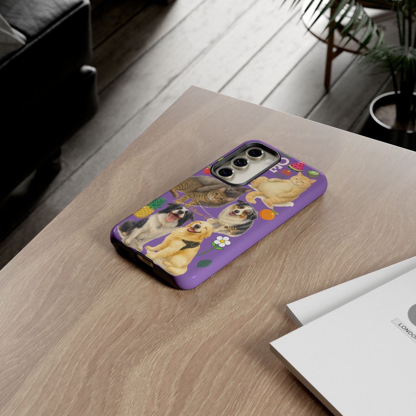 60A-4 Dog and Cat Printed Dual-Layer Phone Case In Purple – Glossy or Matte Finish – iPhone & Android Compatible