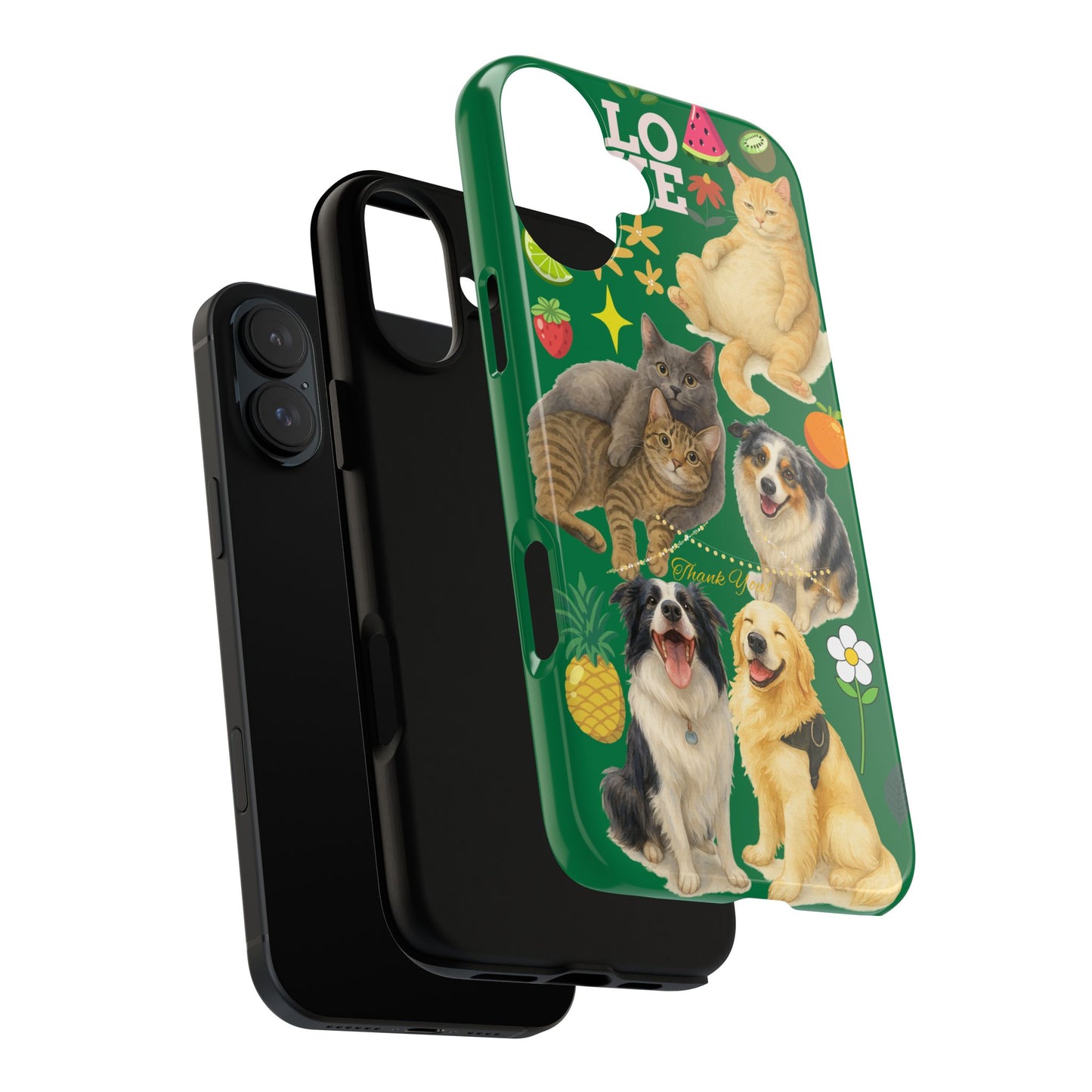 60A-10 Dog and Cat Printed Dual-Layer Phone Case In Dark Green – Glossy or Matte Finish – iPhone & Android Compatible