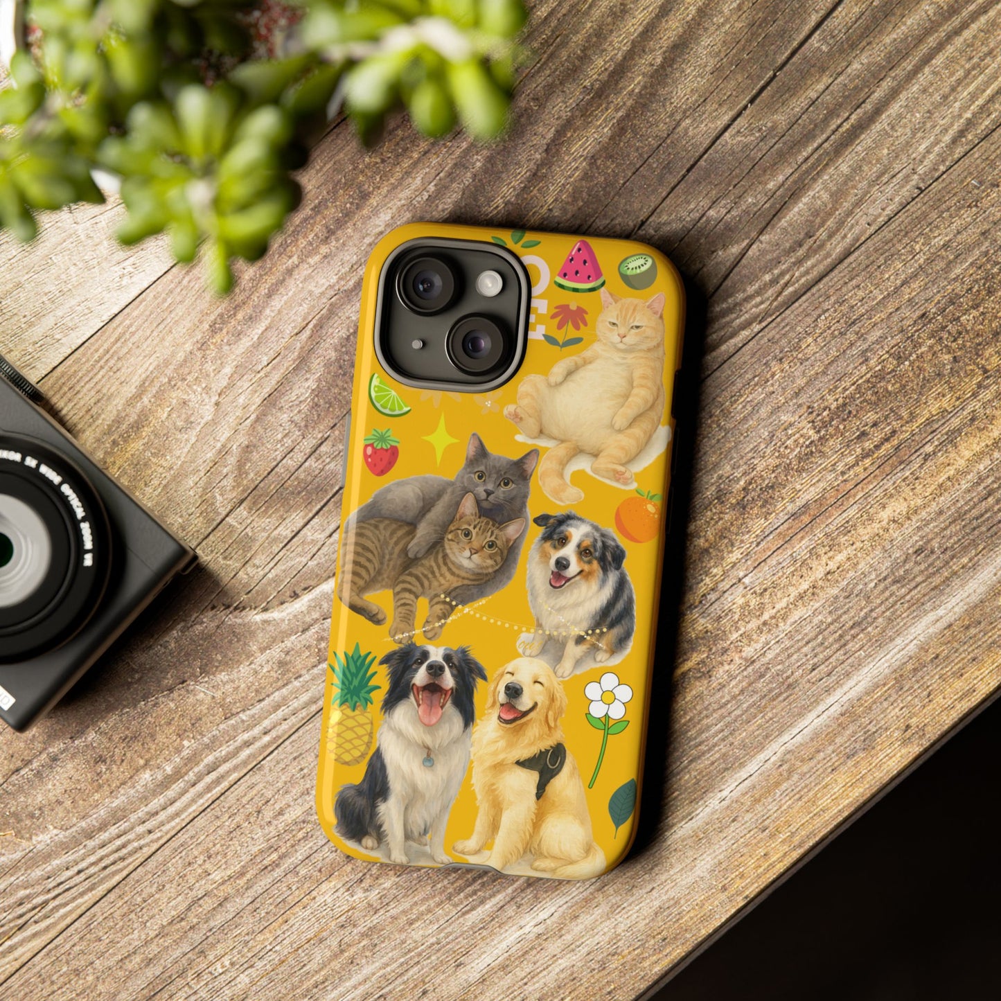 60A-5 Dog and Cat Printed Dual-Layer Phone Case In Yellow – Glossy or Matte Finish – iPhone & Android Compatible