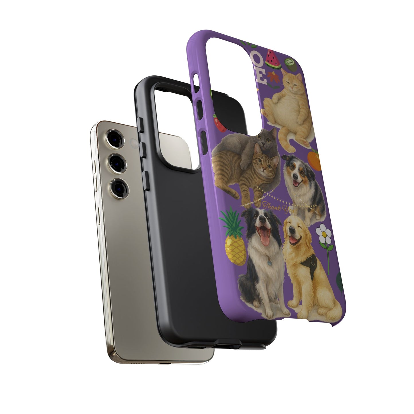 60A-4 Dog and Cat Printed Dual-Layer Phone Case In Purple – Glossy or Matte Finish – iPhone & Android Compatible