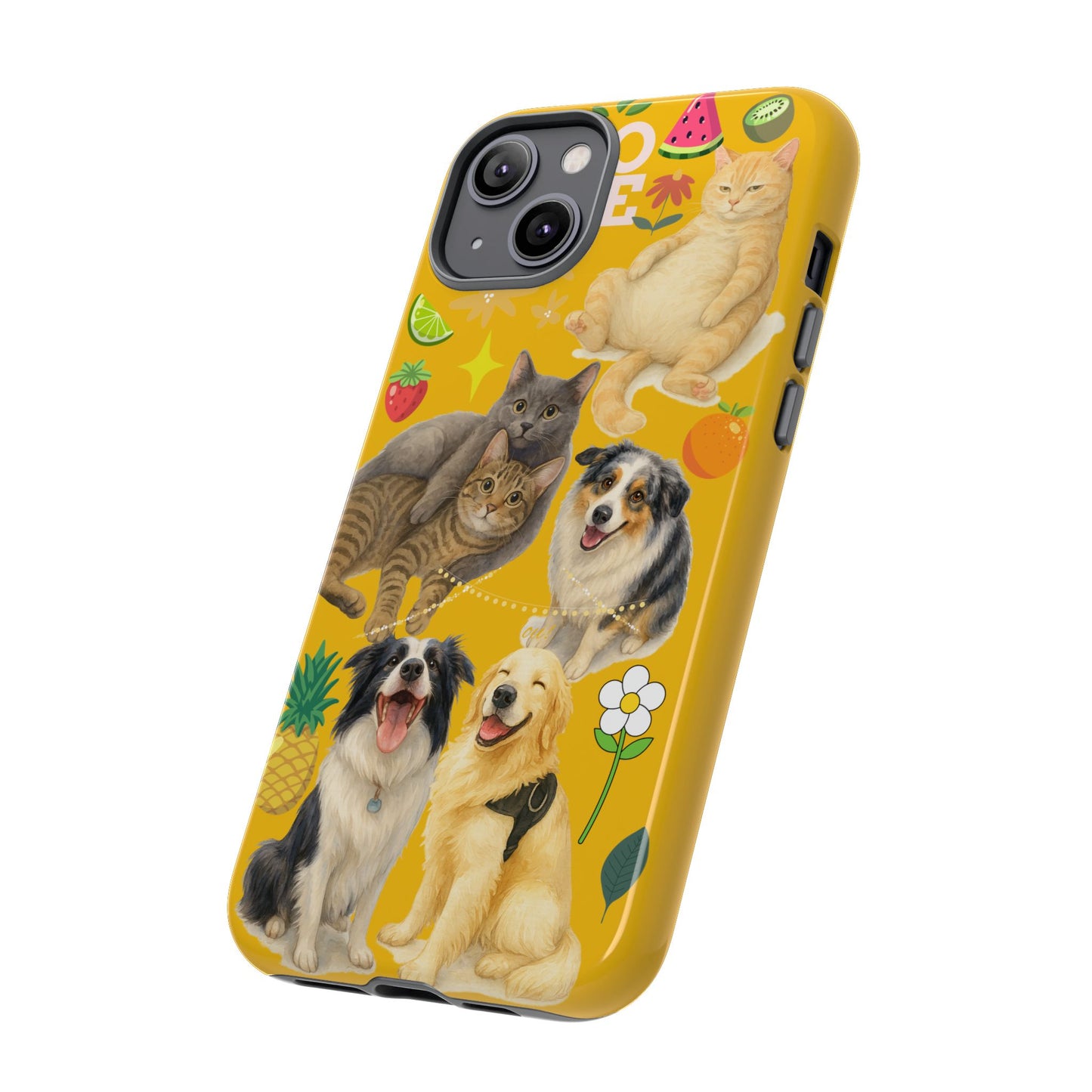 60A-5 Dog and Cat Printed Dual-Layer Phone Case In Yellow – Glossy or Matte Finish – iPhone & Android Compatible