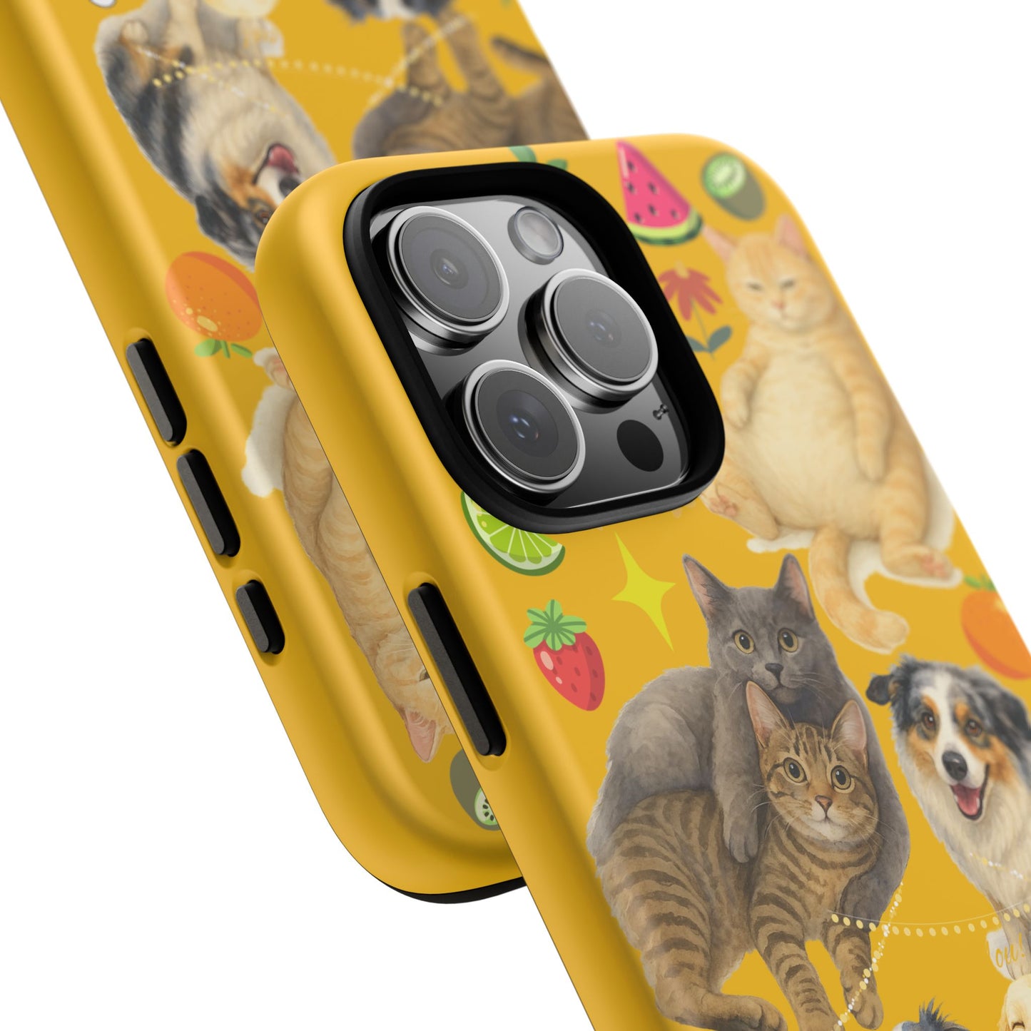 60A-5 Dog and Cat Printed Dual-Layer Phone Case In Yellow – Glossy or Matte Finish – iPhone & Android Compatible