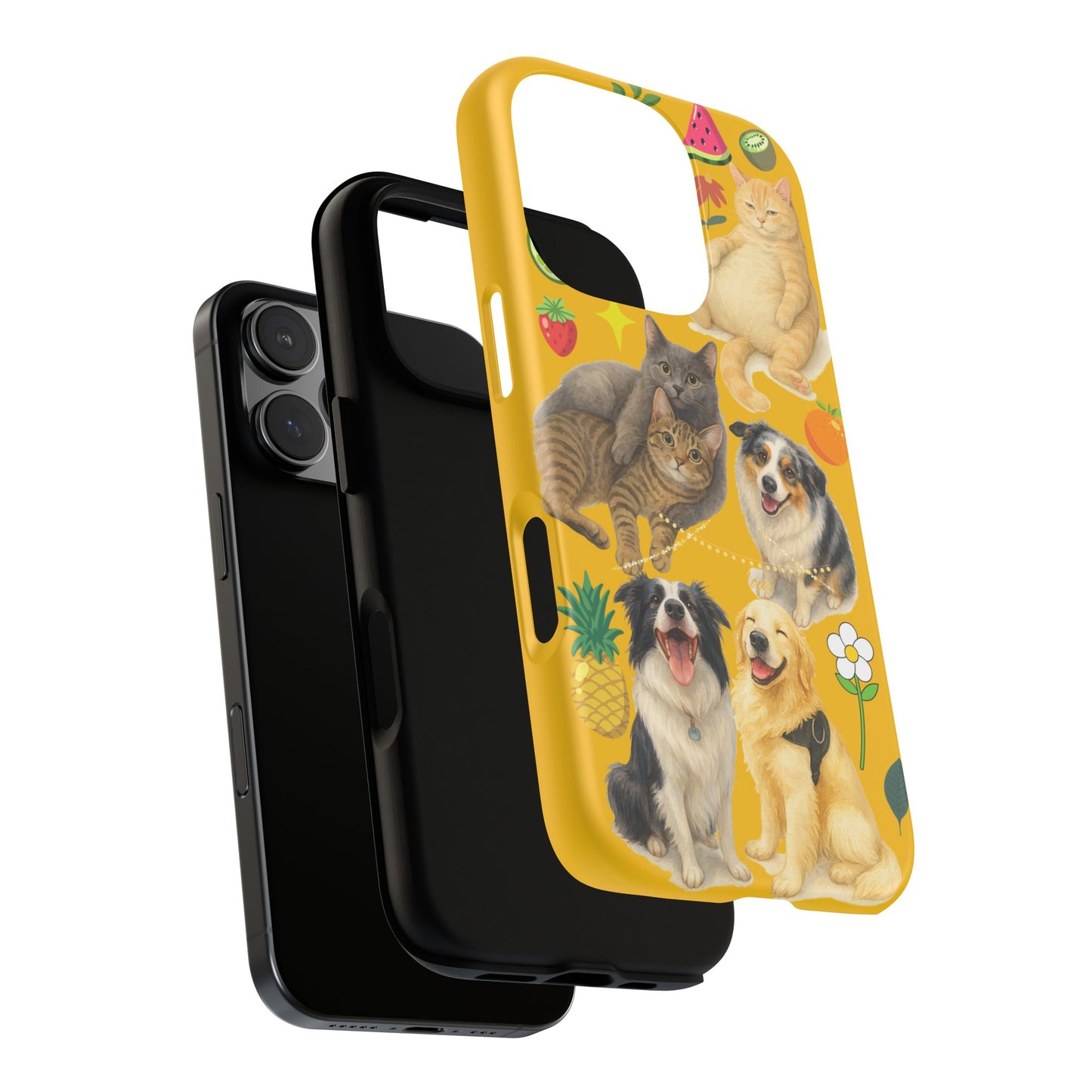 60A-5 Dog and Cat Printed Dual-Layer Phone Case In Yellow – Glossy or Matte Finish – iPhone & Android Compatible