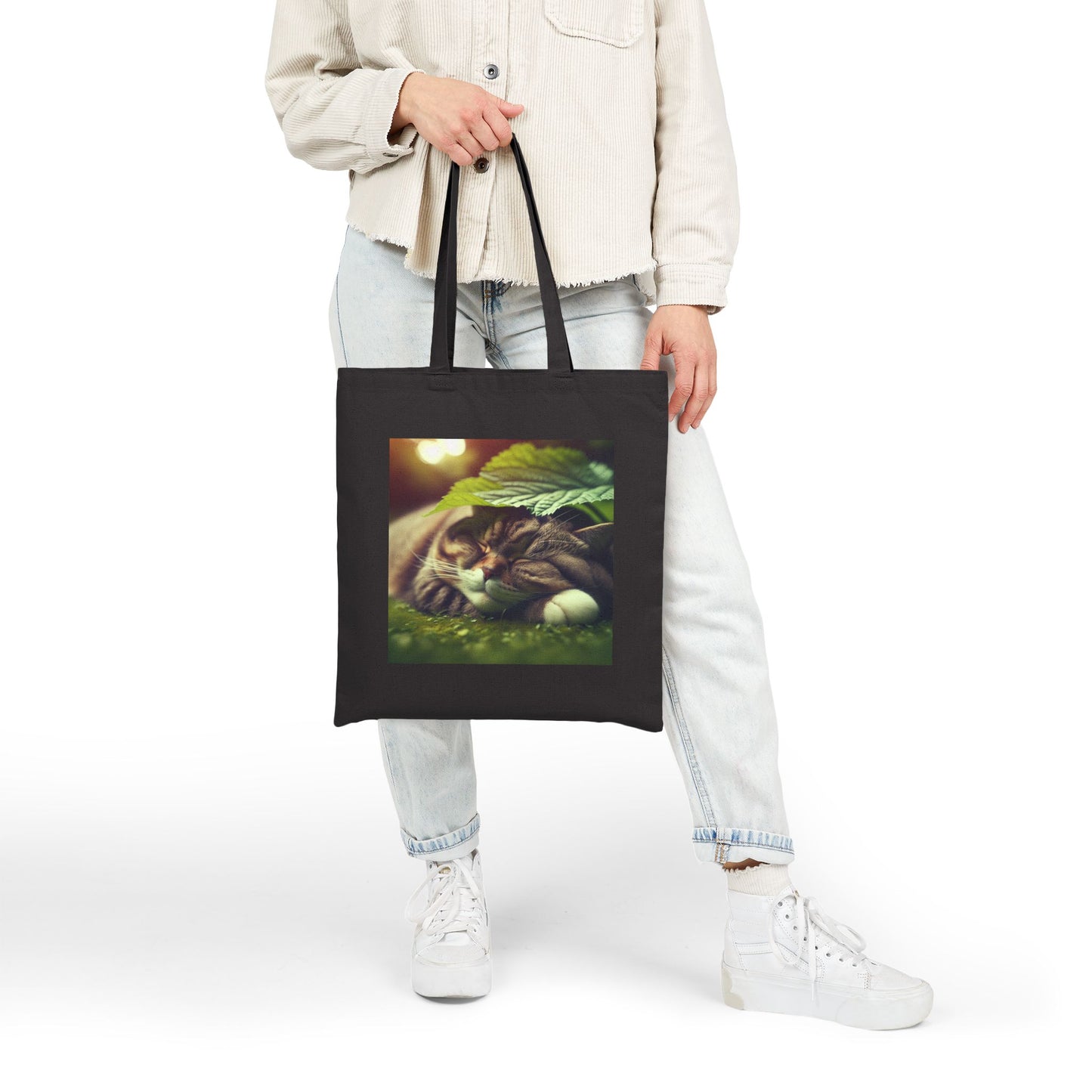 72B4 Cat Under Lotus Leaf Tote Bag – Moonlit Nature Scene on Cotton Canvas