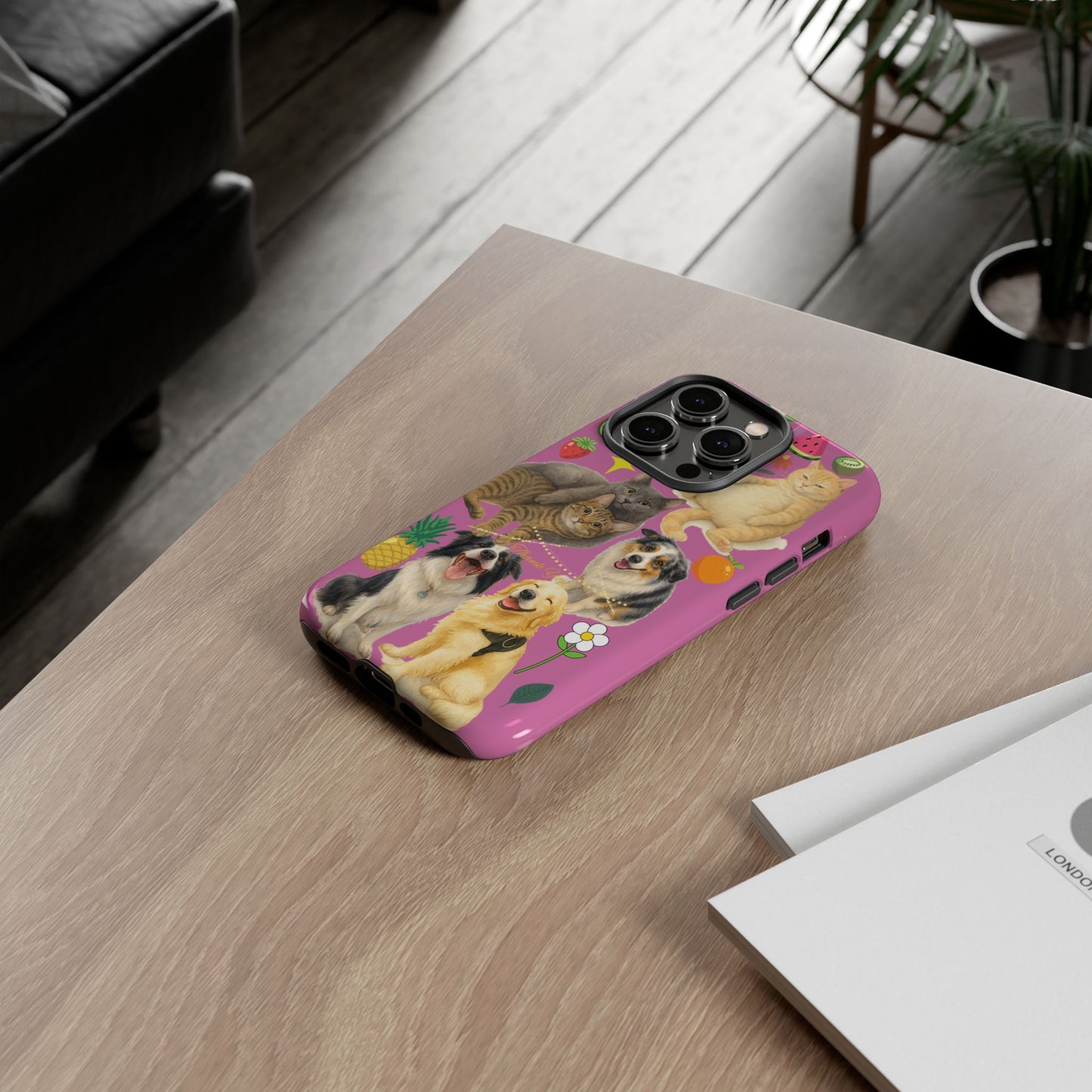 60A-2 Dog and Cat Printed Dual-Layer Phone Case In Pink – Glossy or Matte Finish – iPhone & Android Compatible