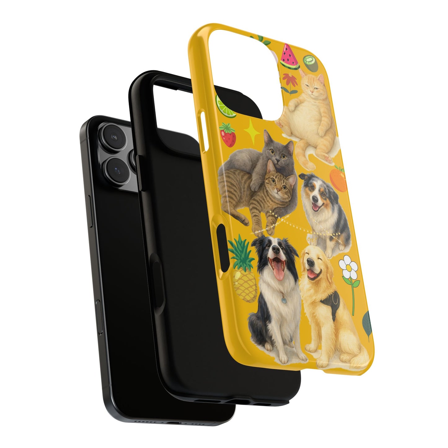 60A-5 Dog and Cat Printed Dual-Layer Phone Case In Yellow – Glossy or Matte Finish – iPhone & Android Compatible