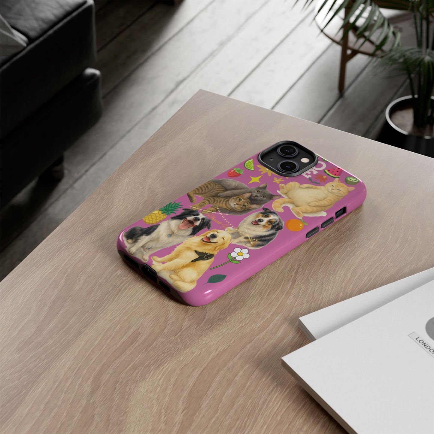 60A-2 Dog and Cat Printed Dual-Layer Phone Case In Pink – Glossy or Matte Finish – iPhone & Android Compatible
