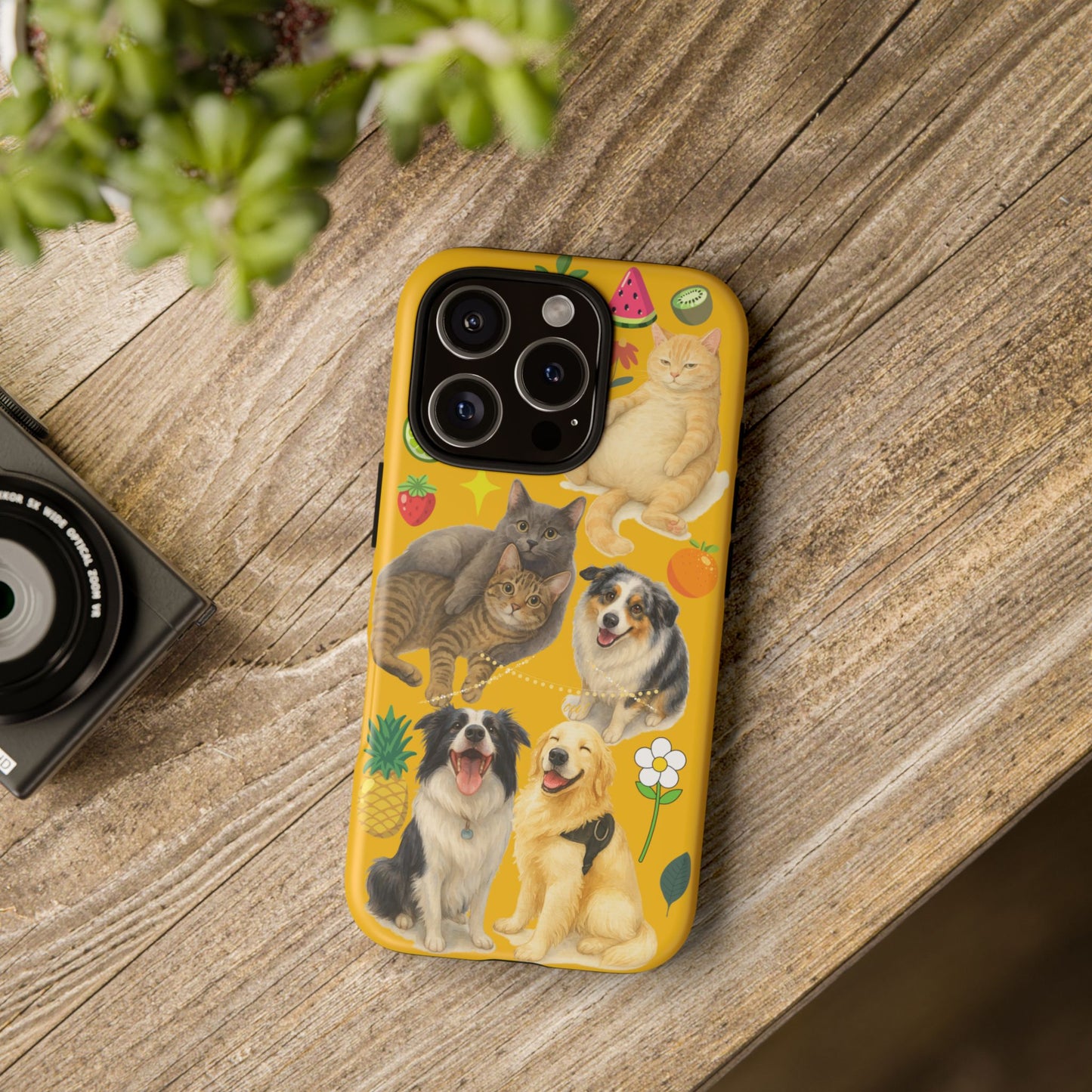 60A-5 Dog and Cat Printed Dual-Layer Phone Case In Yellow – Glossy or Matte Finish – iPhone & Android Compatible