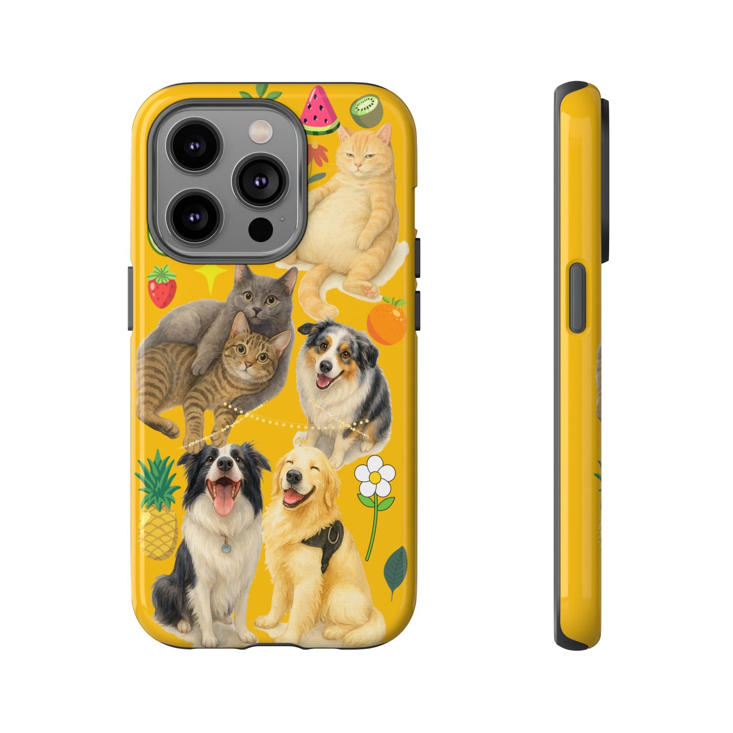 60A-5 Dog and Cat Printed Dual-Layer Phone Case In Yellow – Glossy or Matte Finish – iPhone & Android Compatible