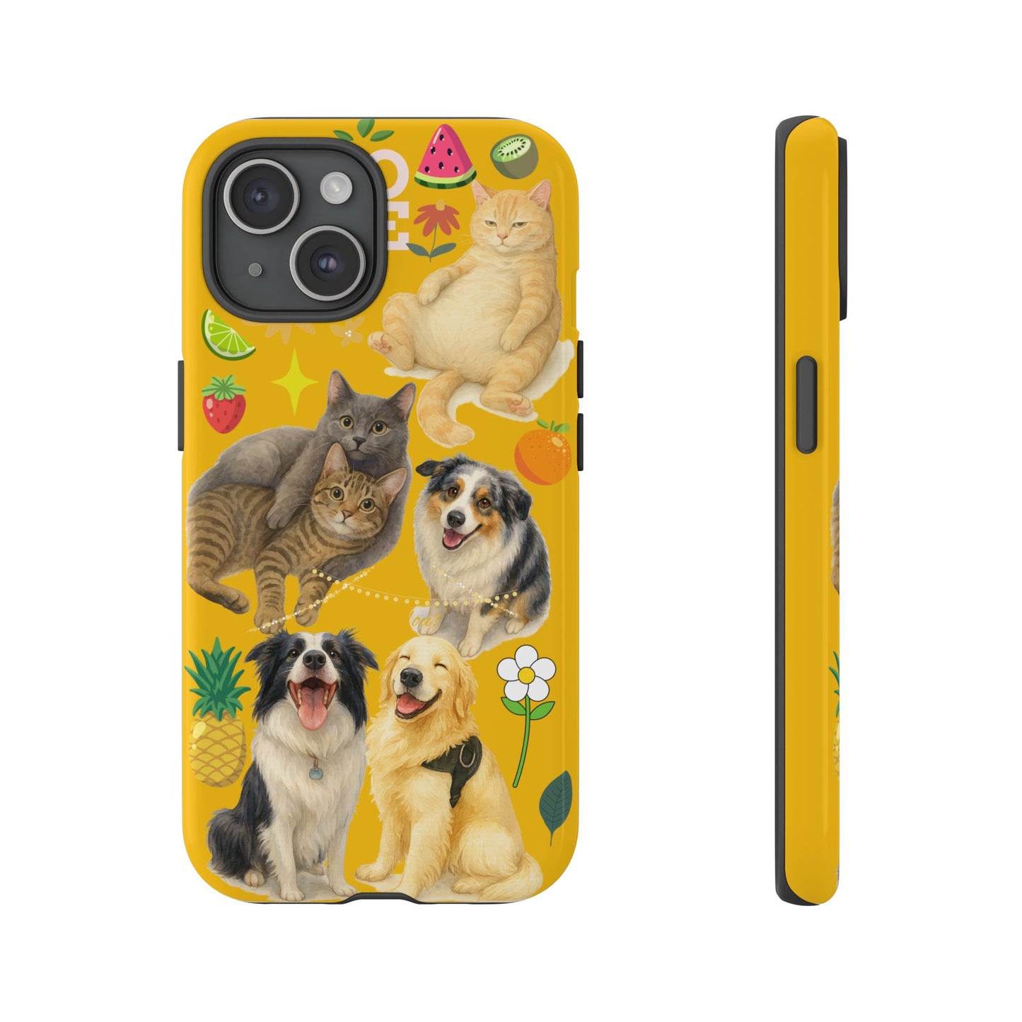 60A-5 Dog and Cat Printed Dual-Layer Phone Case In Yellow – Glossy or Matte Finish – iPhone & Android Compatible