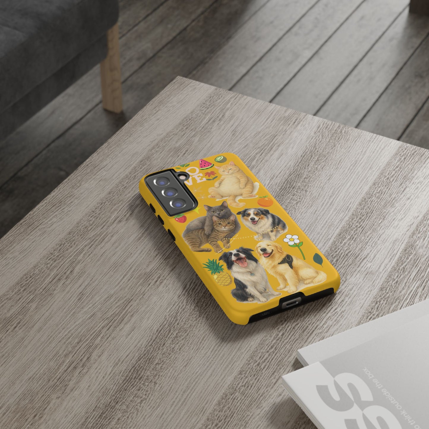 60A-5 Dog and Cat Printed Dual-Layer Phone Case In Yellow – Glossy or Matte Finish – iPhone & Android Compatible