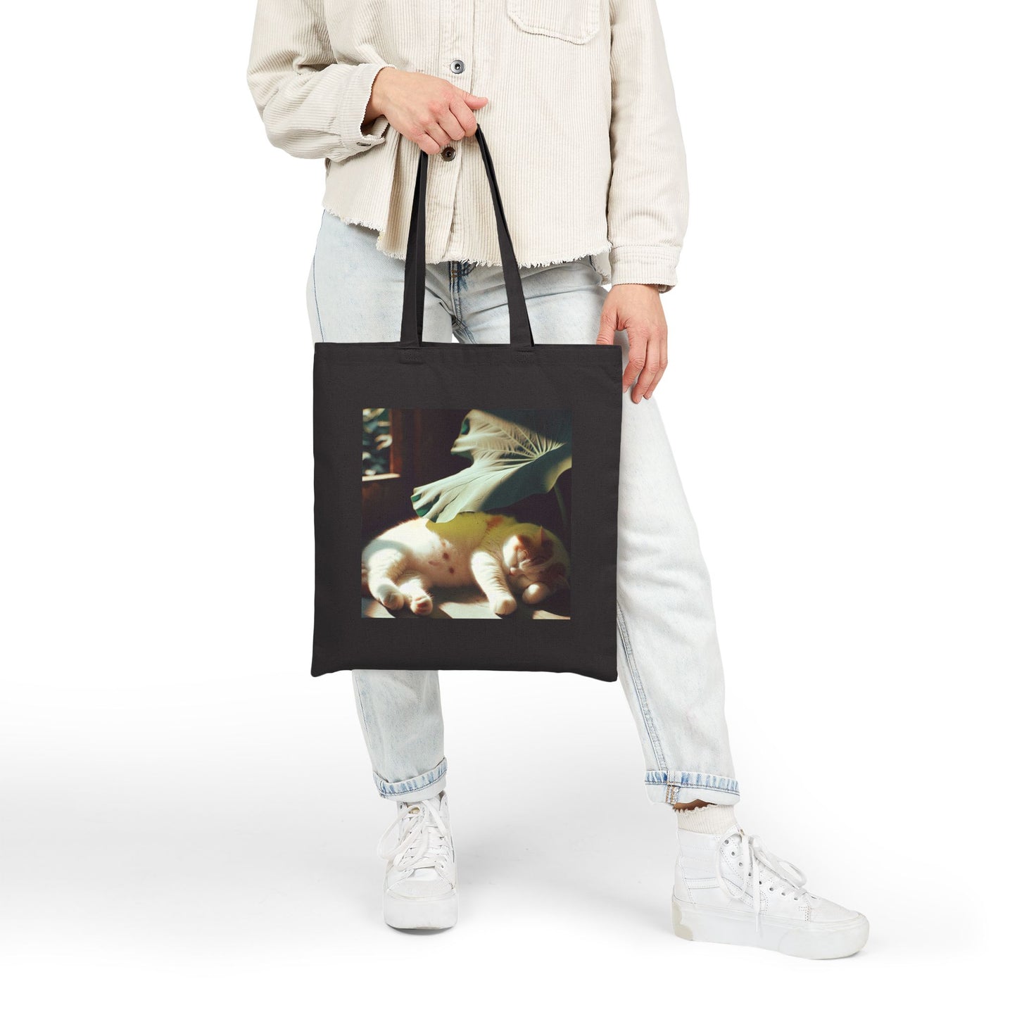72B3 Lazy Cat Summer Tote Bag – Lotus Leaf Illustration on Heavy Cotton Canvas