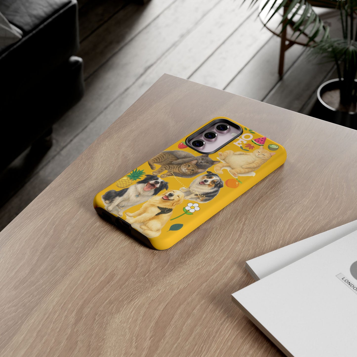 60A-5 Dog and Cat Printed Dual-Layer Phone Case In Yellow – Glossy or Matte Finish – iPhone & Android Compatible