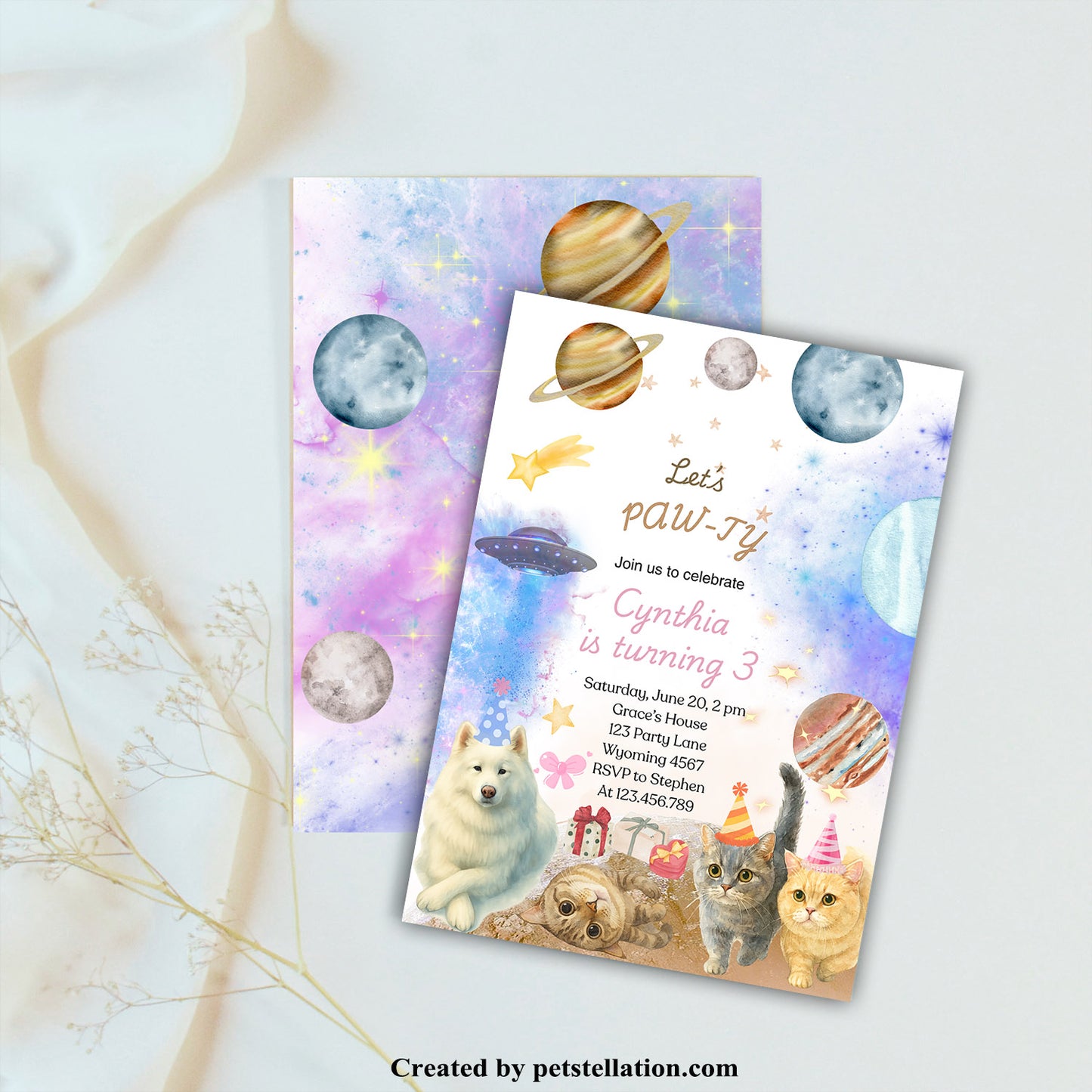 30C-3 Watercolor Pet Birthday Party Invitation Card – Editable Canva Template | Space Theme with Cats & Dog | Custom Text or Photo | Pet Celebration Card