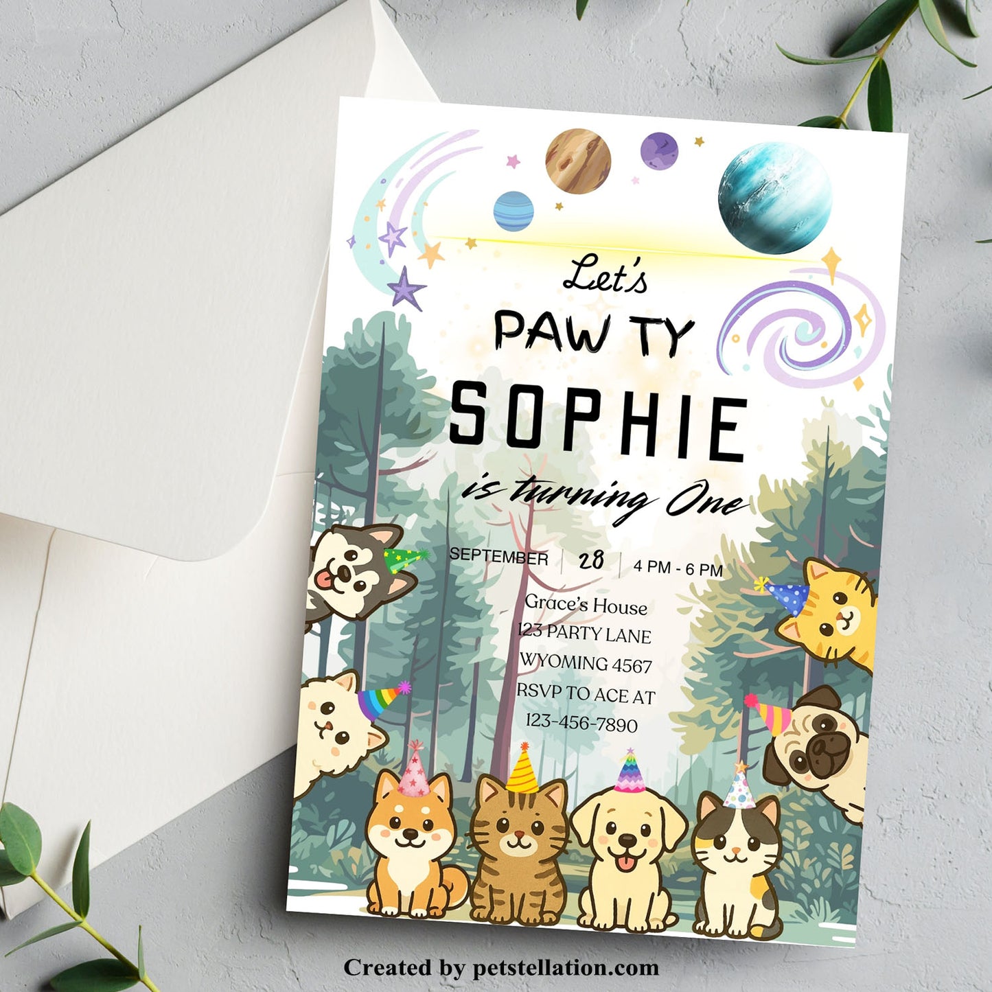 30B Editable Cosmic Cat & Dog Adoption Anniversary / Birthday Party Invitation Card – Intergalactic Pet Birthday "Pawty" in the Forest