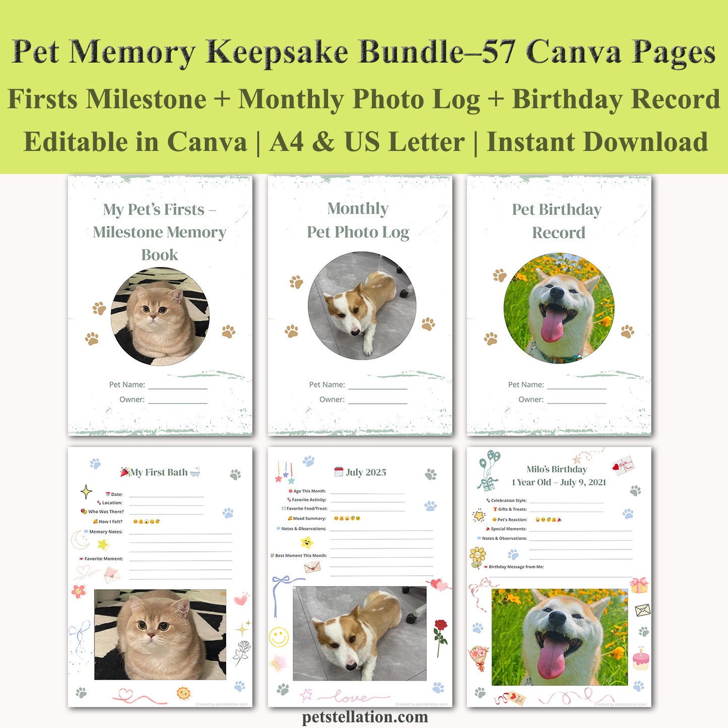 00D6 Pet Memory Keepsake Bundle – Editable Canva Templates for Milestones, Monthly Photo Log & Birthday Records