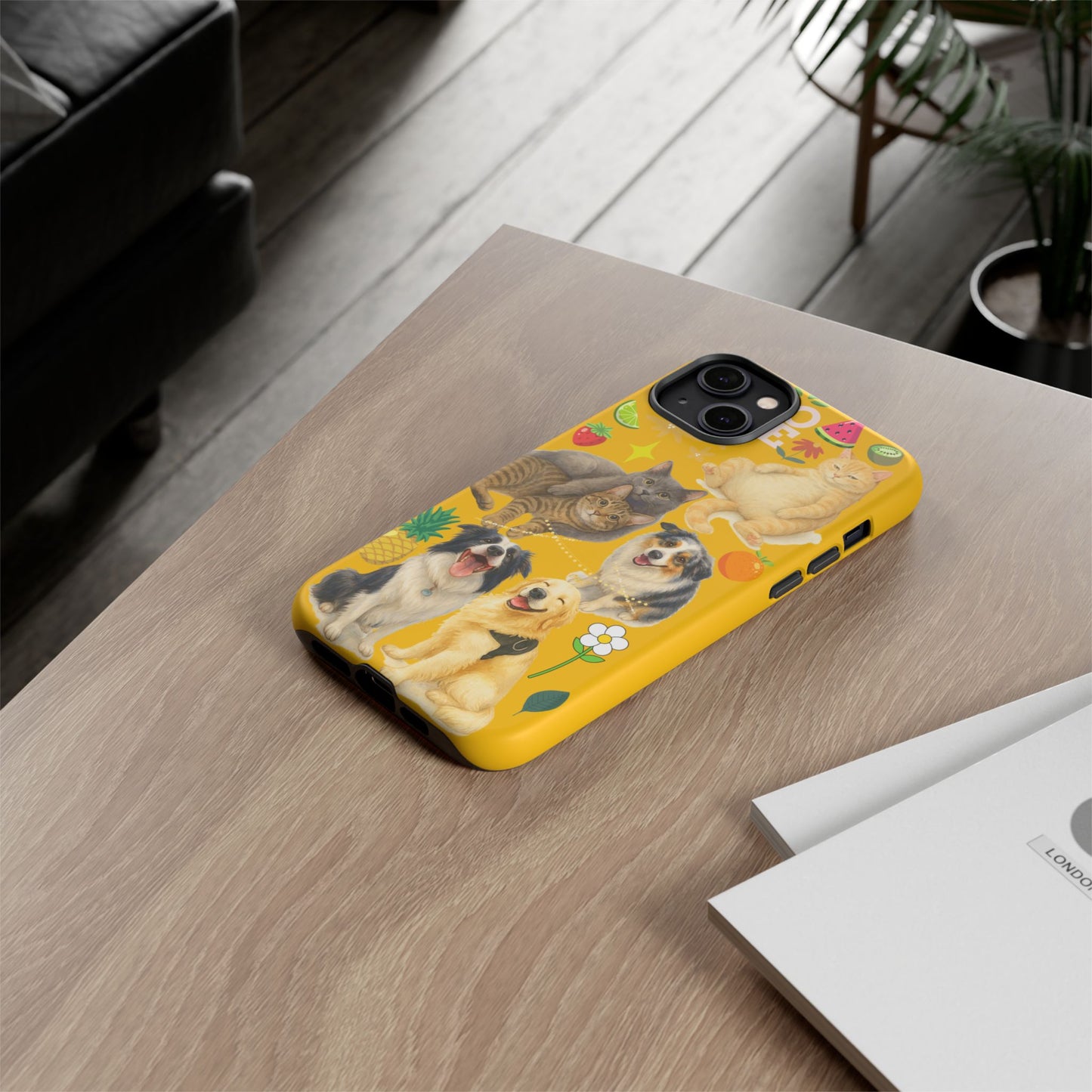 60A-5 Dog and Cat Printed Dual-Layer Phone Case In Yellow – Glossy or Matte Finish – iPhone & Android Compatible