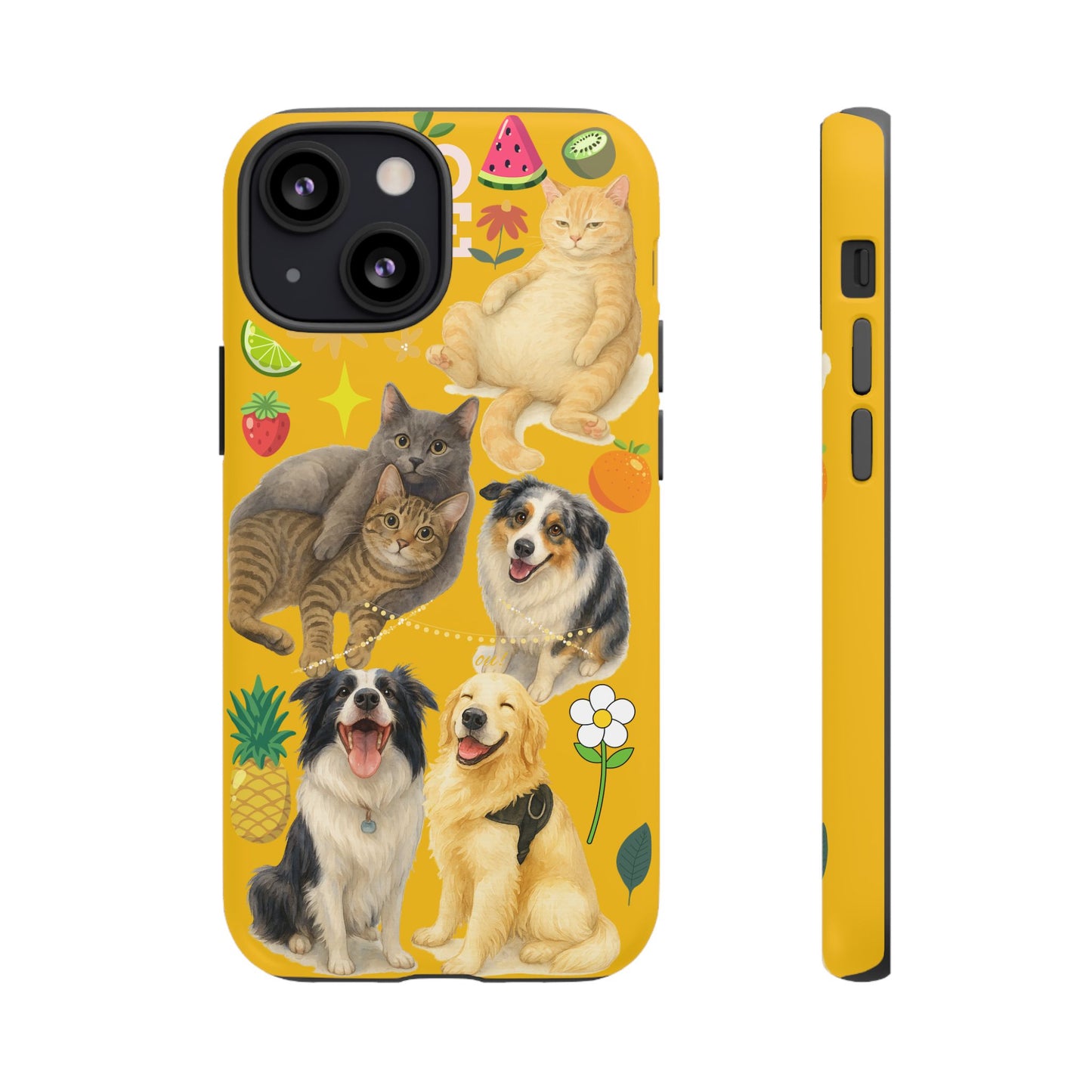 60A-5 Dog and Cat Printed Dual-Layer Phone Case In Yellow – Glossy or Matte Finish – iPhone & Android Compatible