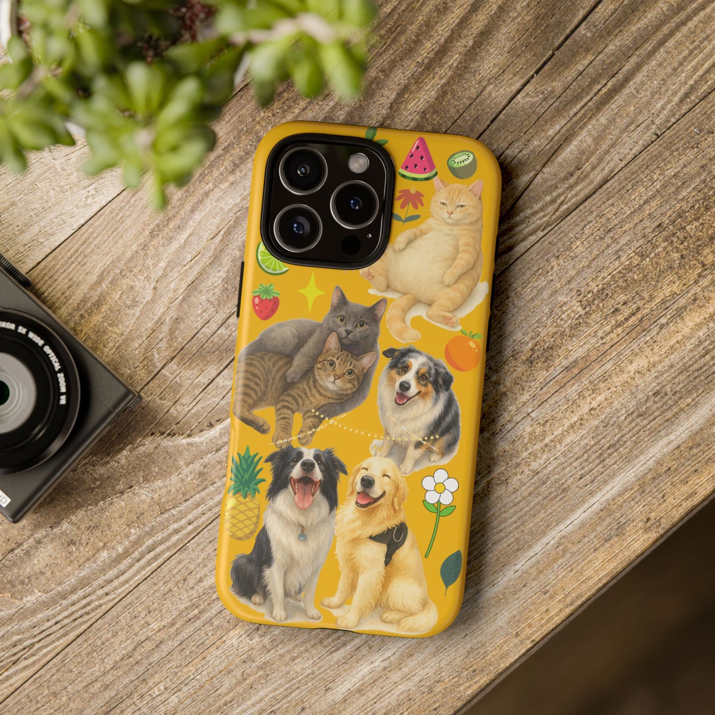 60A-5 Dog and Cat Printed Dual-Layer Phone Case In Yellow – Glossy or Matte Finish – iPhone & Android Compatible